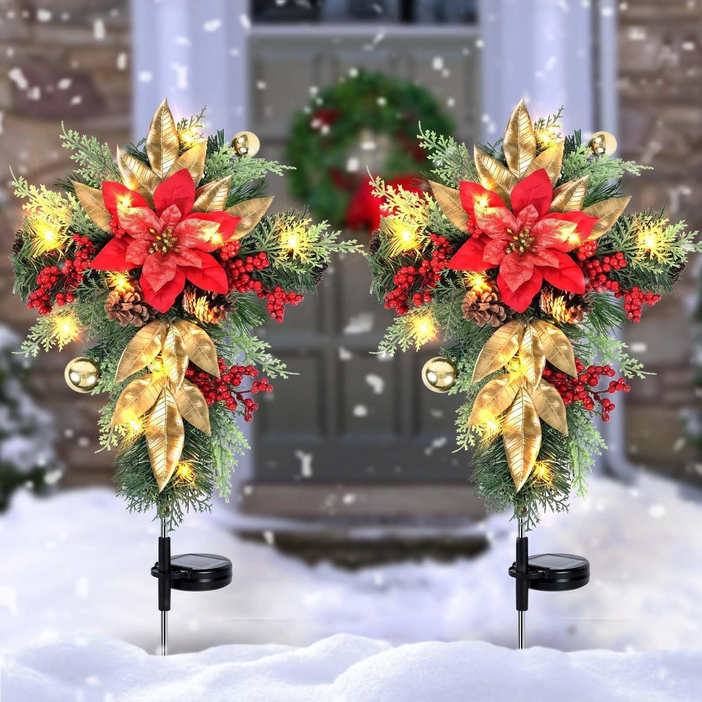 2 Pack 36" Solar Christmas Decorations Outdoor Christmas Cross Stake Lights Waterproof Cemetery Grave Decoration Faux Poinsettia Pine Cones Berries Ornament Stakes for Garden Yard Patio Lawn Cemetery