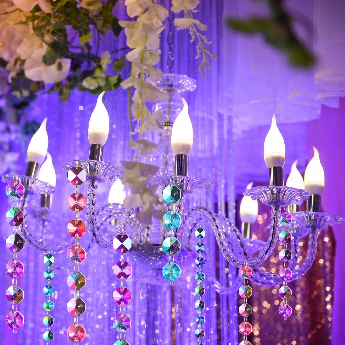 Blushtier Crystal Garlands Acrylic Octagon Bead Strands 14mm Iridescent Clear Diamond Hanging Chandelier Chain Ornament String for Wedding Manzanita Centerpiece Holiday Party(16 ft)