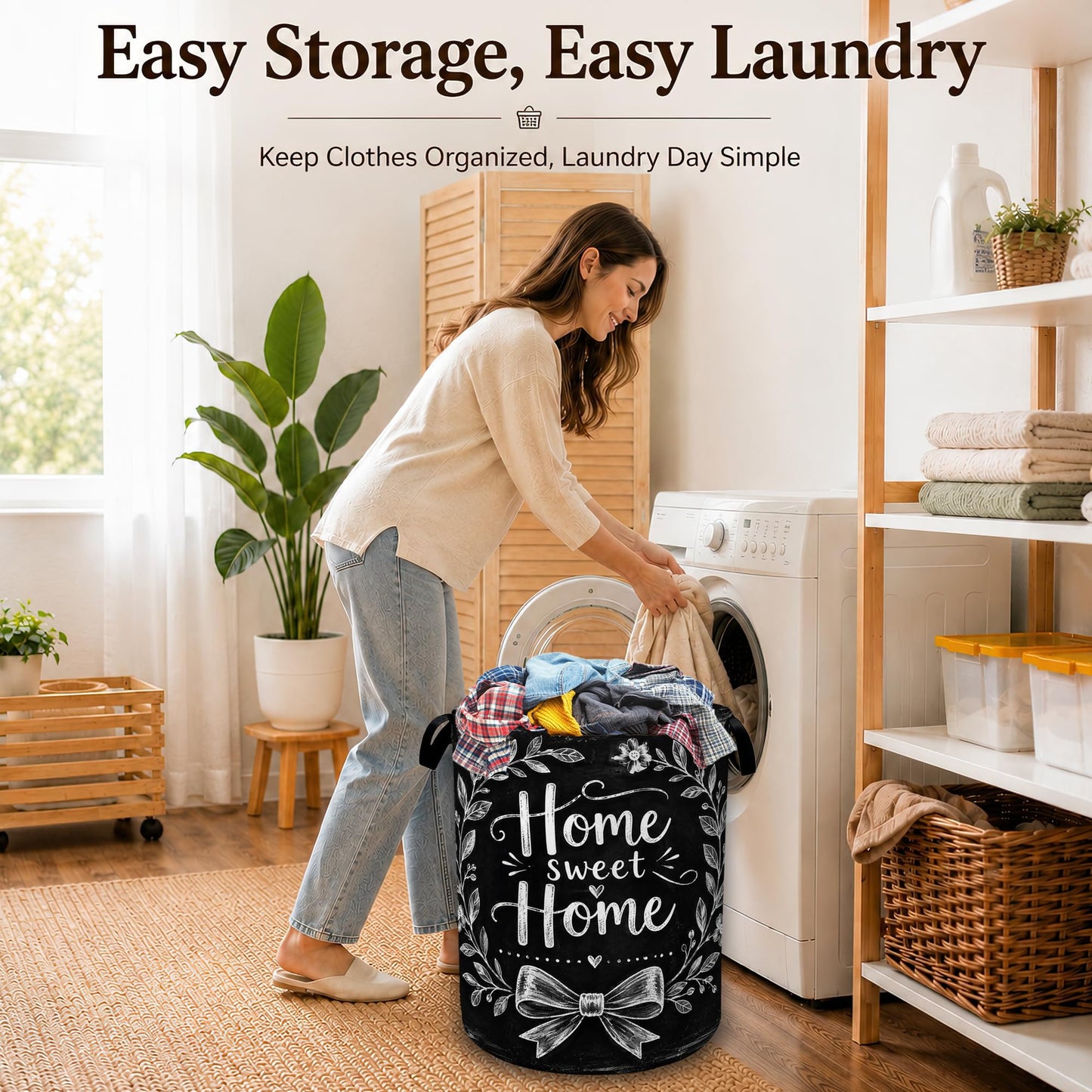 Sweet Home Wreath Large Clothes Hamper, Portable Collapsible Laundry Basket with Handles, Freestanding Storage Bin for Bedroom Bathroom Dorm Laundry Room