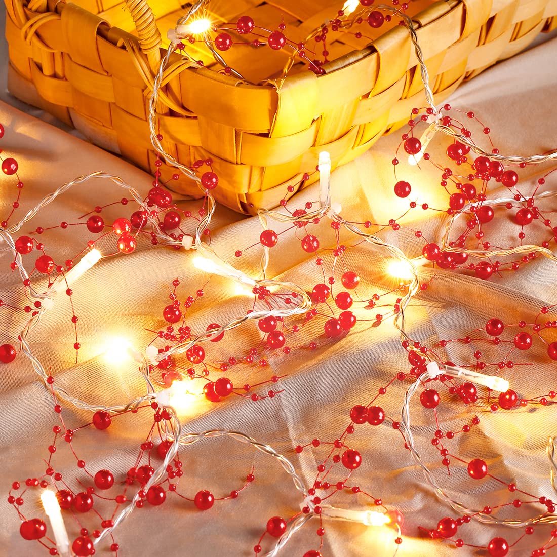 VERY100 Christmas Garland with Lights 8.3 FT Festival Lighted Berry Beaded Garland Christmas Decorations for Indoor Home Mantel Fireplace Holiday Party Decor(Red)