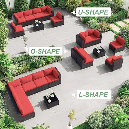 ALAULM 7 Pieces Patio Furniture Set with Coffee Table, Outdoor Sectional with Thick Cushion, All Weather Wicker Rattan Conversation Set for Backyard, Garden, Deck, (Red)