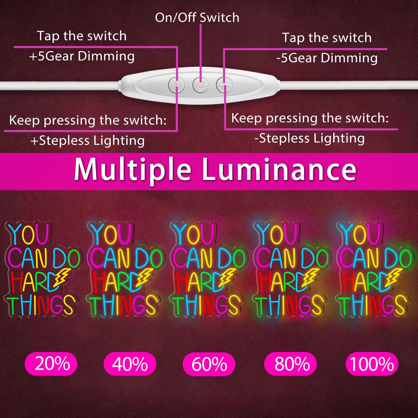 You Can Do Hard Things Neon Sign Dimmable LED USB Powered Neon Light UP for Classroom Wall Decor Art Positive Bedroom Library Study Room Home for Student Kid Teen Birthday Party Christmas Backdrop Decoration Gift (You Can Do Hard Things)