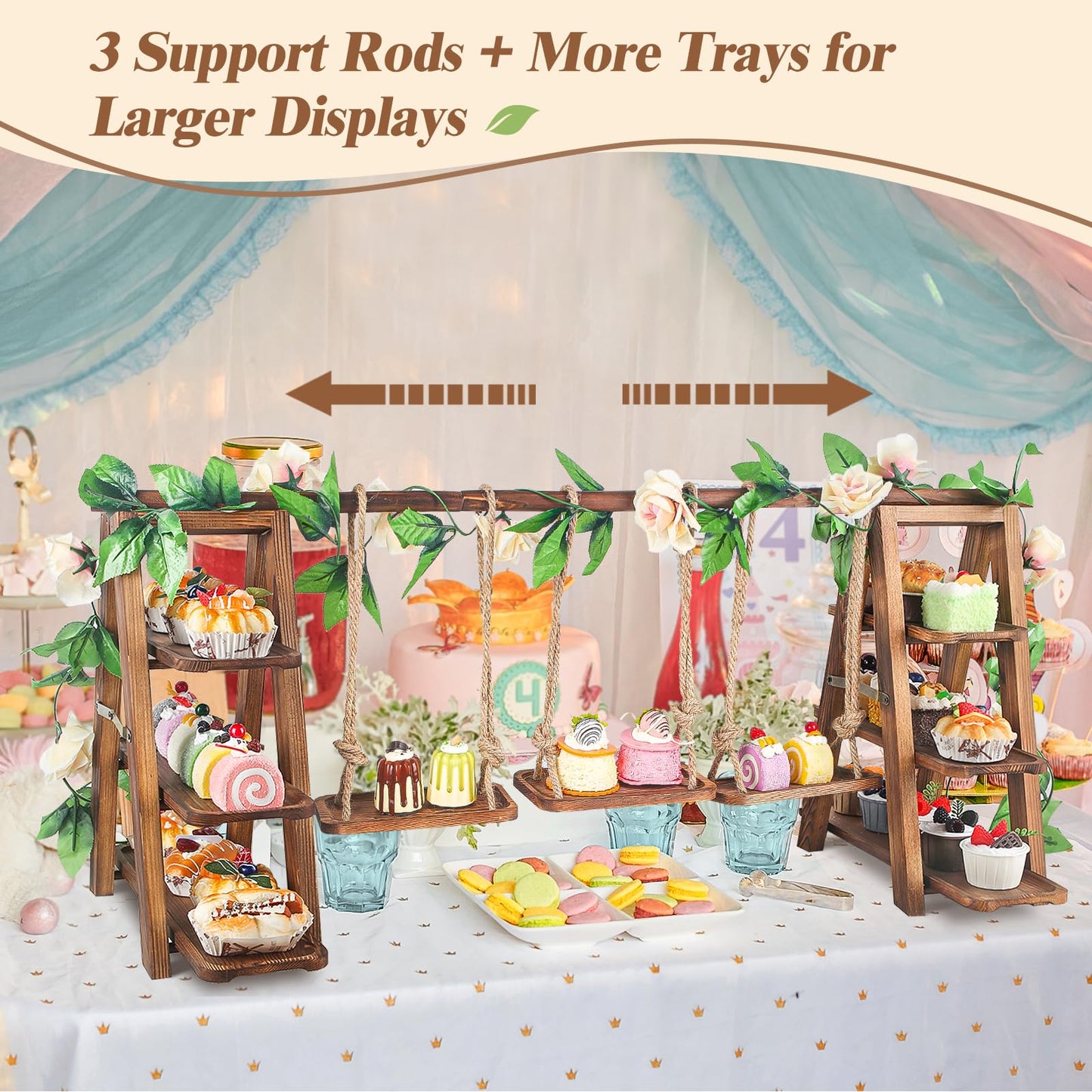Wisreach Upgraded Large Wooden 3 Tier Swing Cupcake Stand with Flower Decor, Removable Trays, Foldable Ladder Display for Cake, Snacks, Fruit, Bread, Party & Catering Centerpieces