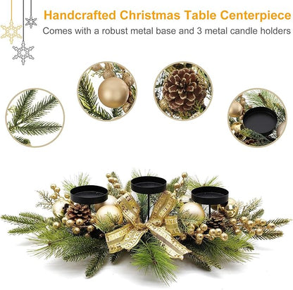 Christmas Table Centerpieces Decorations, 27.5 Inch Designed with Golden Bowknot Baubles Ornaments, Artificial Golden Berries and Pine Cones for Dining Room Table (Gold Ball)