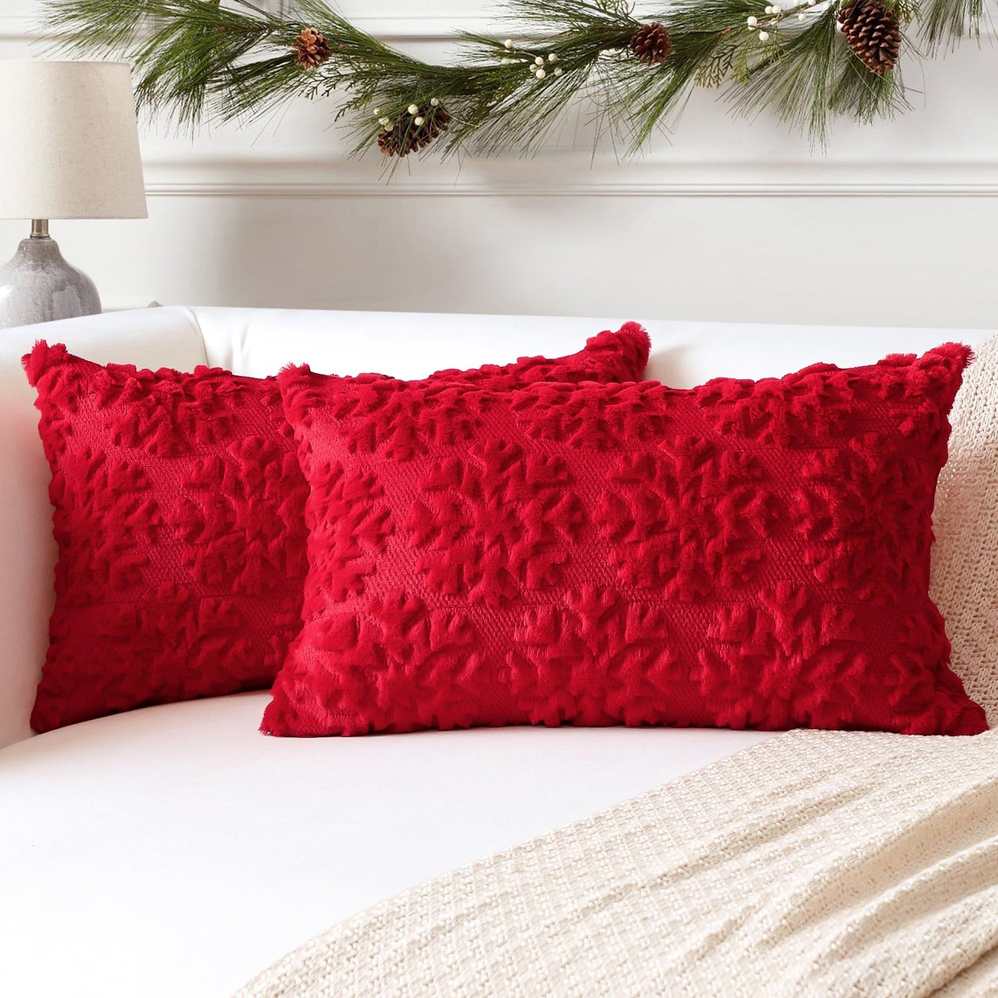 OTOSTAR Set of 2 Xmas Soft Plush Short Wool Velvet Decorative Throw Pillow Covers Rectangular Luxury Style Cushion Case Pillow Shell for Sofa Bedroom Snowflake Red, 16x24 Inch