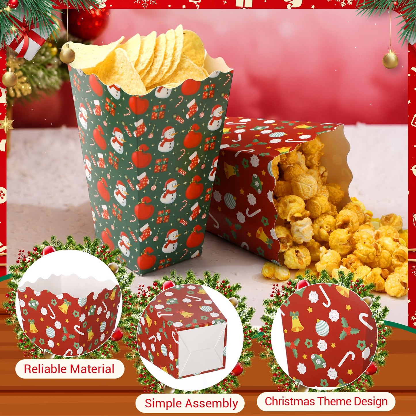 Faccito 48 Pcs Christmas Popcorn Boxes Christmas Tree Snowman Popcorn Boxes Xmas Party Treat Container Red Green Snack Buckets Mini Candy Paper Holder for Holiday Movie Night Party Favors Supplies