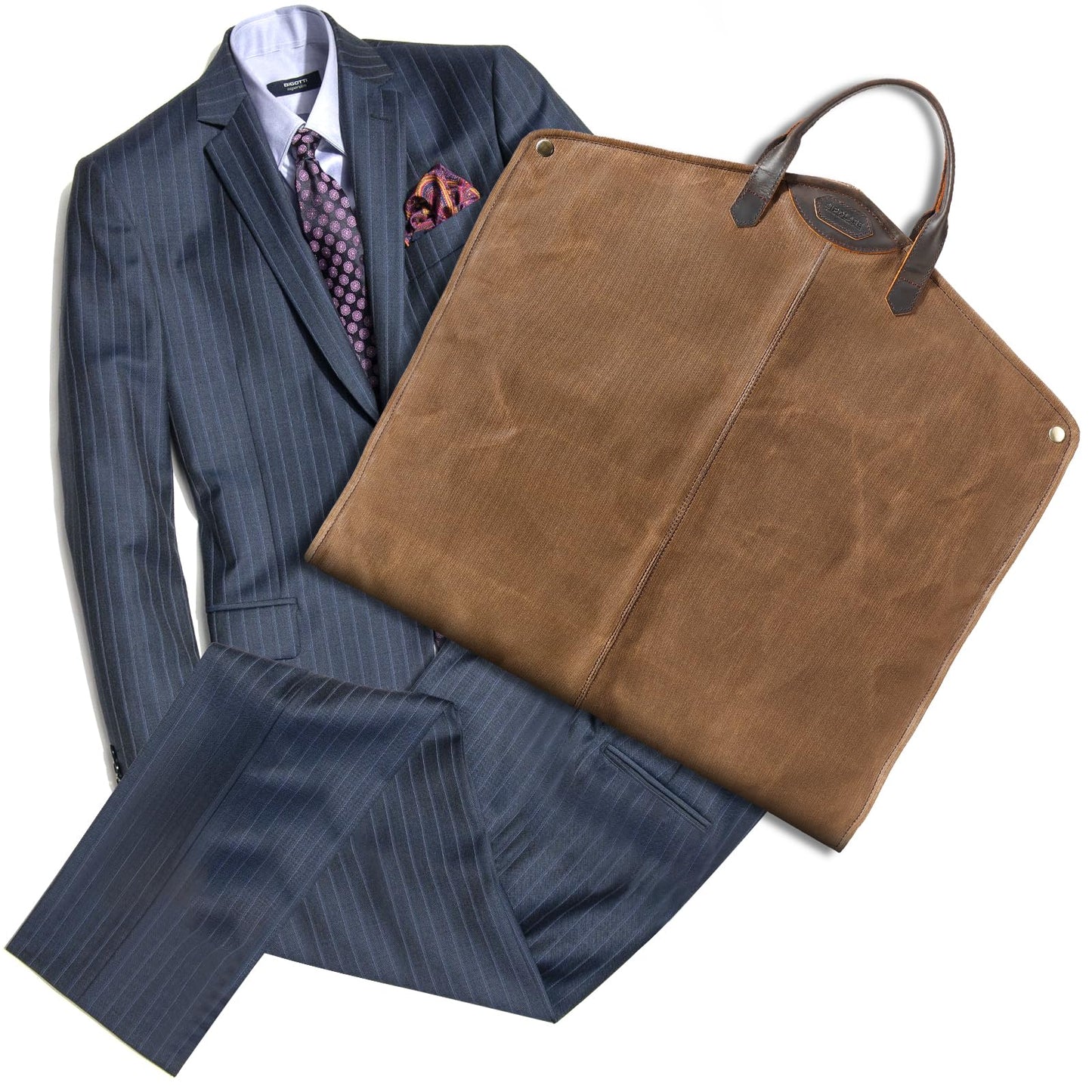 Polare 43” Waxed Canvas Full Grain Leather Trim Garment Bag for Travel, Large Carry on Business Suitcase Cover with YKK Zipper, Waterproof Hanging Suit Garment Cover with Handles,1 pack(Brown)