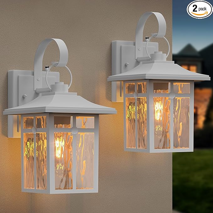 2 Pack Outdoor Dusk to Dawn Wall Lights, Outdoor Light Fixtures Wall Mount with Ripple Glass, Modern White Porch Lights, Aluminum Outoor Sconce Light for Entryway, Garage, Patio