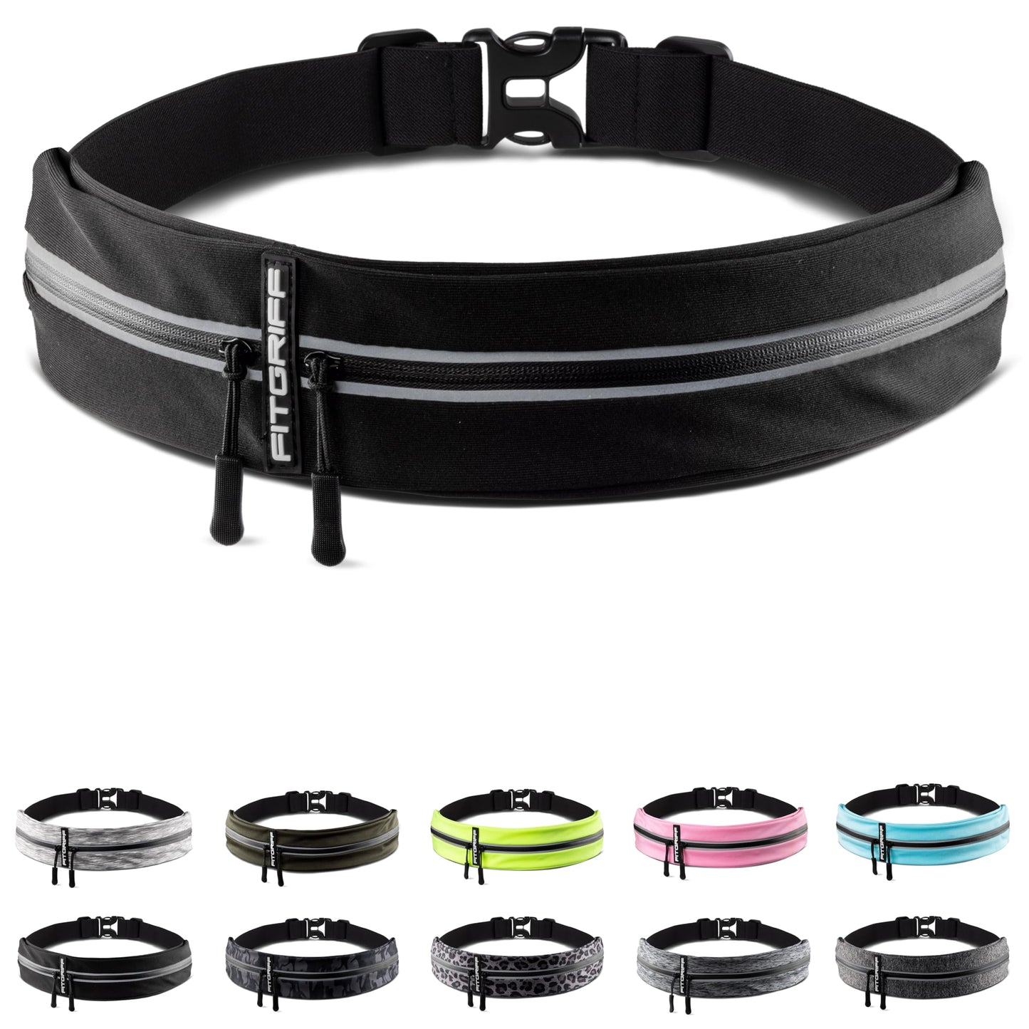 Fitgriff® Running Belt for Men & Women - Secure Jogging Pouch for Phone, Keys & Essentials - For All Cell Phones (Black, 33.5" - 47.5" Waist Size)