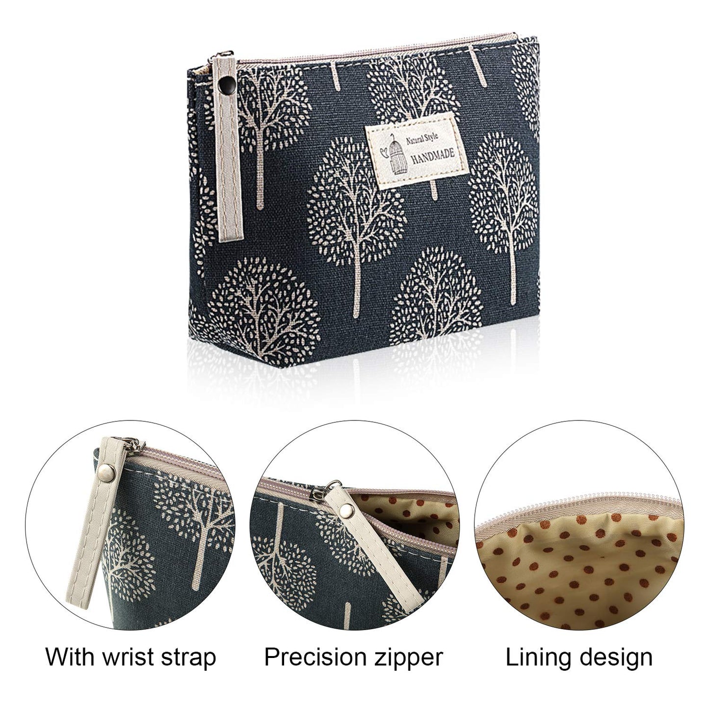 Boao 4 Pieces Canvas Makeup Bags Set Small Cosmetic Pouches for Purse with Zipper Multi Functional Toiletry Travel Case Organizer for Women Gift, 4 Styles(Small,Whale, Bear, Tree, Leave)
