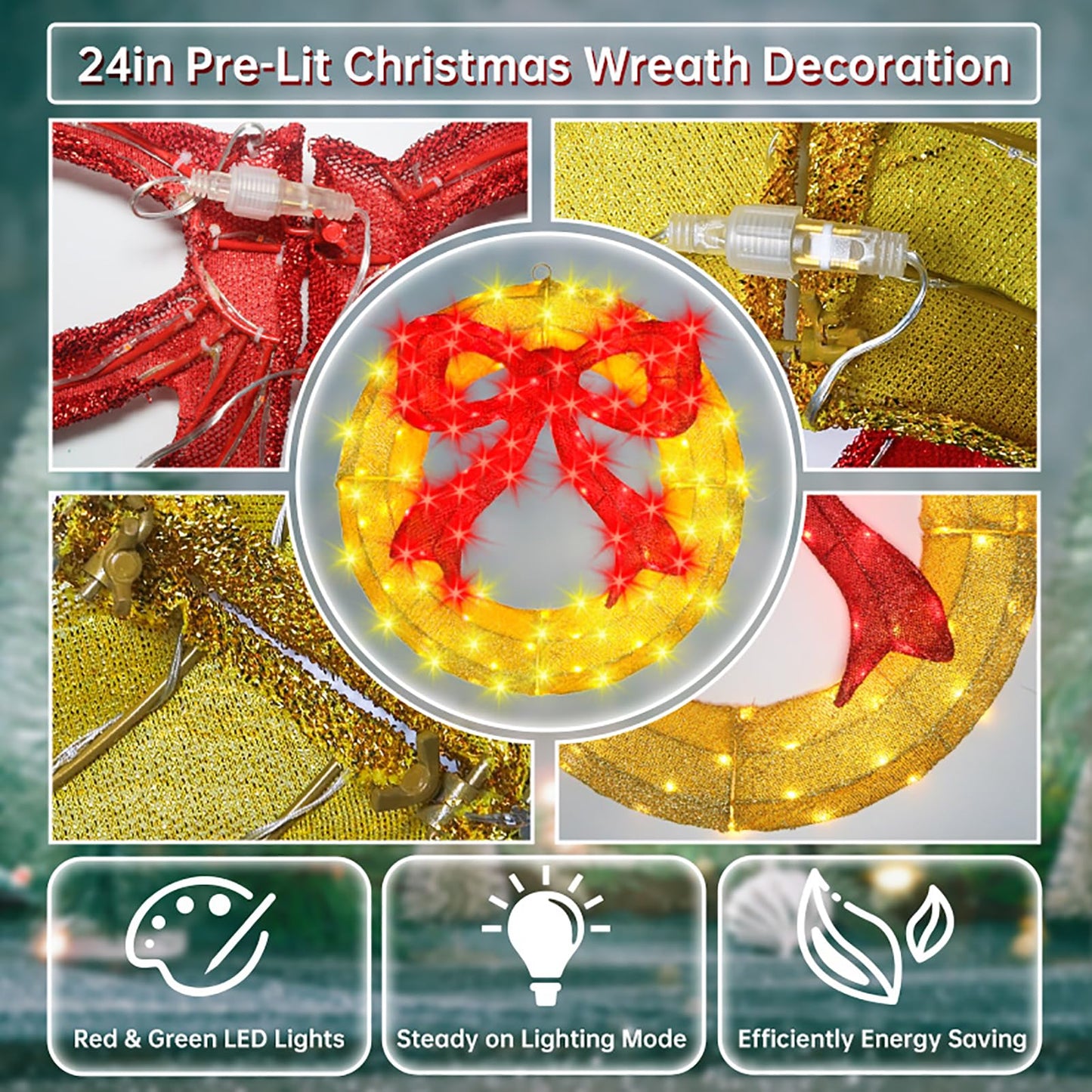 Outdoor Christmas Wreath Decoration - 24" Bright LED Christmas Wreath Lights with Bow, Large Lighted Christmas Wreaths Window Lights for Wall, Windows, Front Door Decor, Red Bow - Gold Wreath