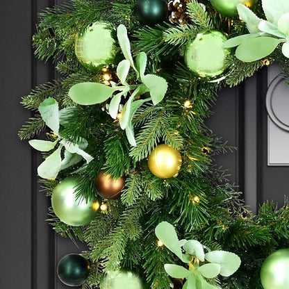 Fraser Hill Farm 24-in. Prelit Holiday Wreath with Pinecones and Metal Ornaments, White Micro-LED Light-Up Design for Indoor or Covered Outdoor Use on Porch, Patio, Kitchen