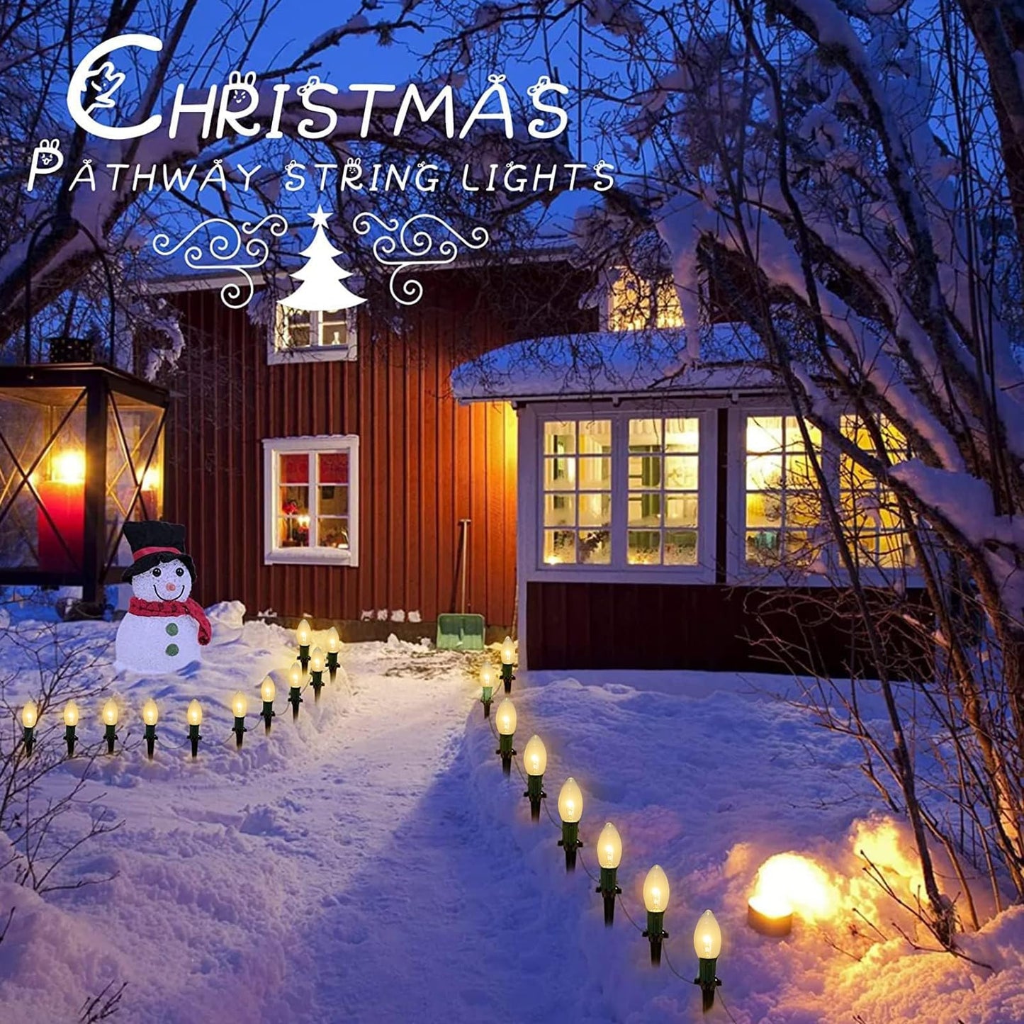 GOOTHY Christmas Pathway Lights Outdoor, 38Ft Outdoor Xmas Decorations String Lights with 25 C9 Warm White Christmas Pathway Stakes Lights for Walkway Yard Lawn Sidewalk Driveway Garden