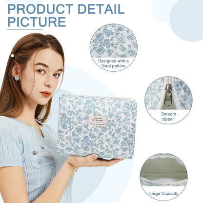 Gosect 2PC Makeup Bag Set, Cute Cosmetic Bag for Women Girls, Floral Coquette Aesthetic Toiletry Bag, Travel Make Up Organizer Bag (Blue Floral)