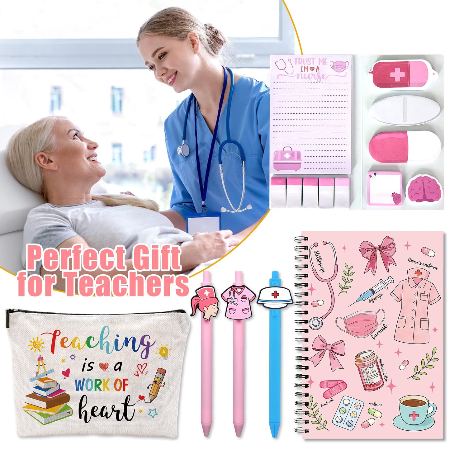 6 Pcs Nurse Week Gifts 2026 Pens Sticky Notes A5 Spiral Notebooks Makeup Bag Pencil Pouch for Nurse, Nurse Appreciation Day Christmas Birthday Gifts, School & Office Supplies for Nurse (Nurse)