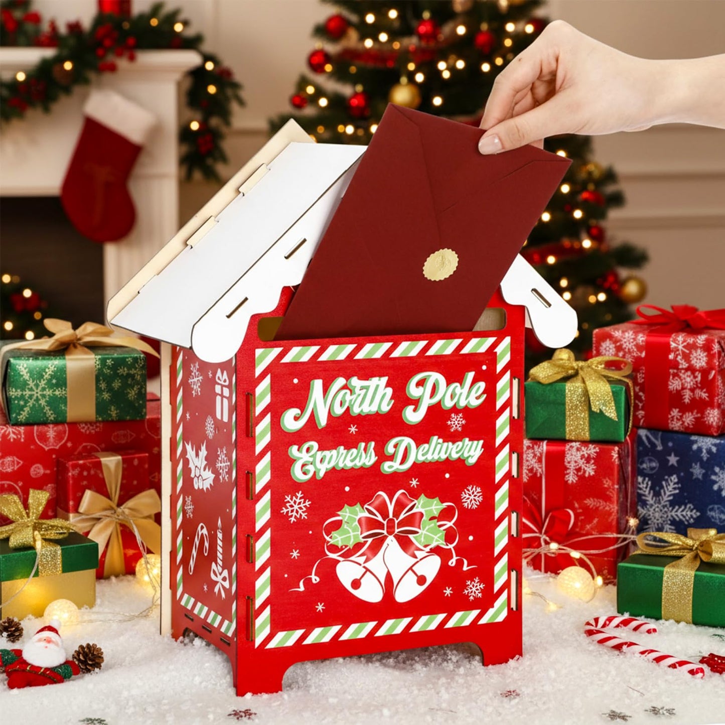 BrightRow 13.8 x 9 x 7 Inch Christmas Mailbox Letters to Santa Claus Wooden Red North Pole Delivery Mailbox Retro Outdoor Delivery Postbox for Home Classroom Gift Wish List Mantel Entryway Decorations