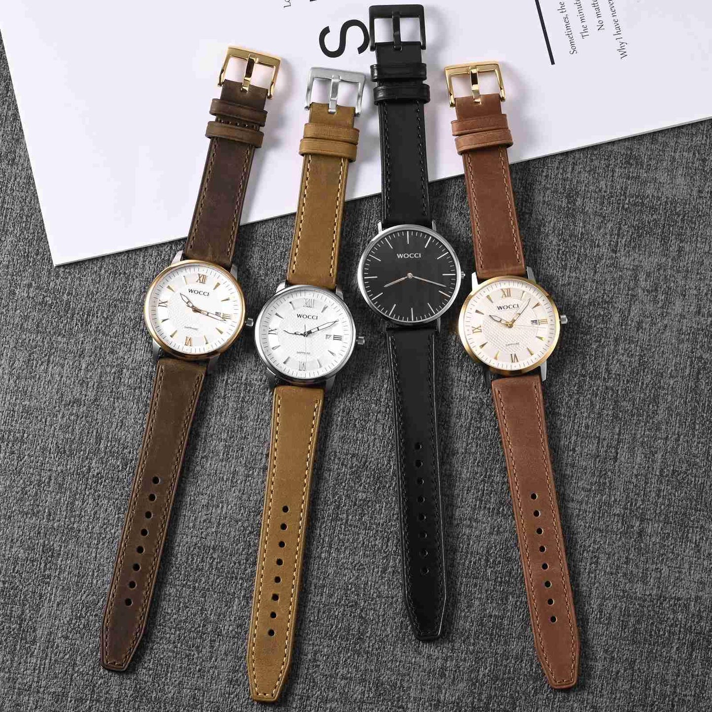 WOCCI 20mm Elite Watch Band, Top Grain Leather, Quick Release, Silver Buckle (Sand)