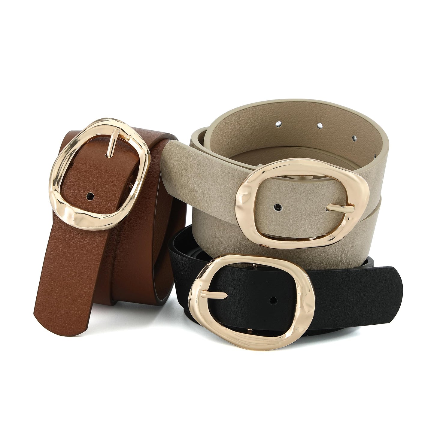 Earnda Black Leather Belts for Women Casual Fashion Waist Belt with Liquid Shapes Gold Buckle for Jeans Pants Dresses 1.18" Width Small