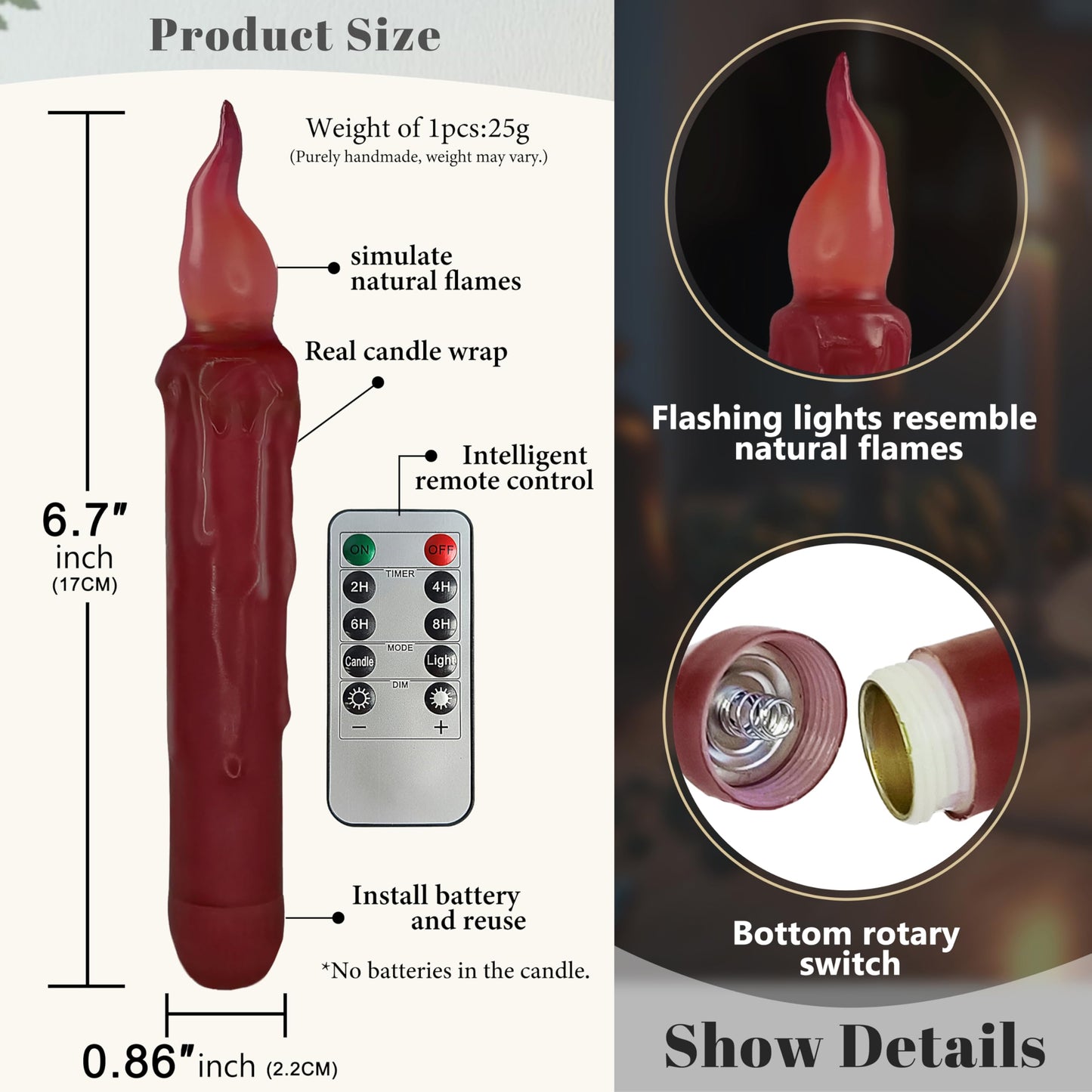 Burgundy Flameless Short Taper Candles, Real Wax Hand Dipped Dark Red LED Battery Operated with Remote, Flickering Flame Lights for Festival Home Décor, 6.7 Inch Primitive Flameless Candles, 4PCS