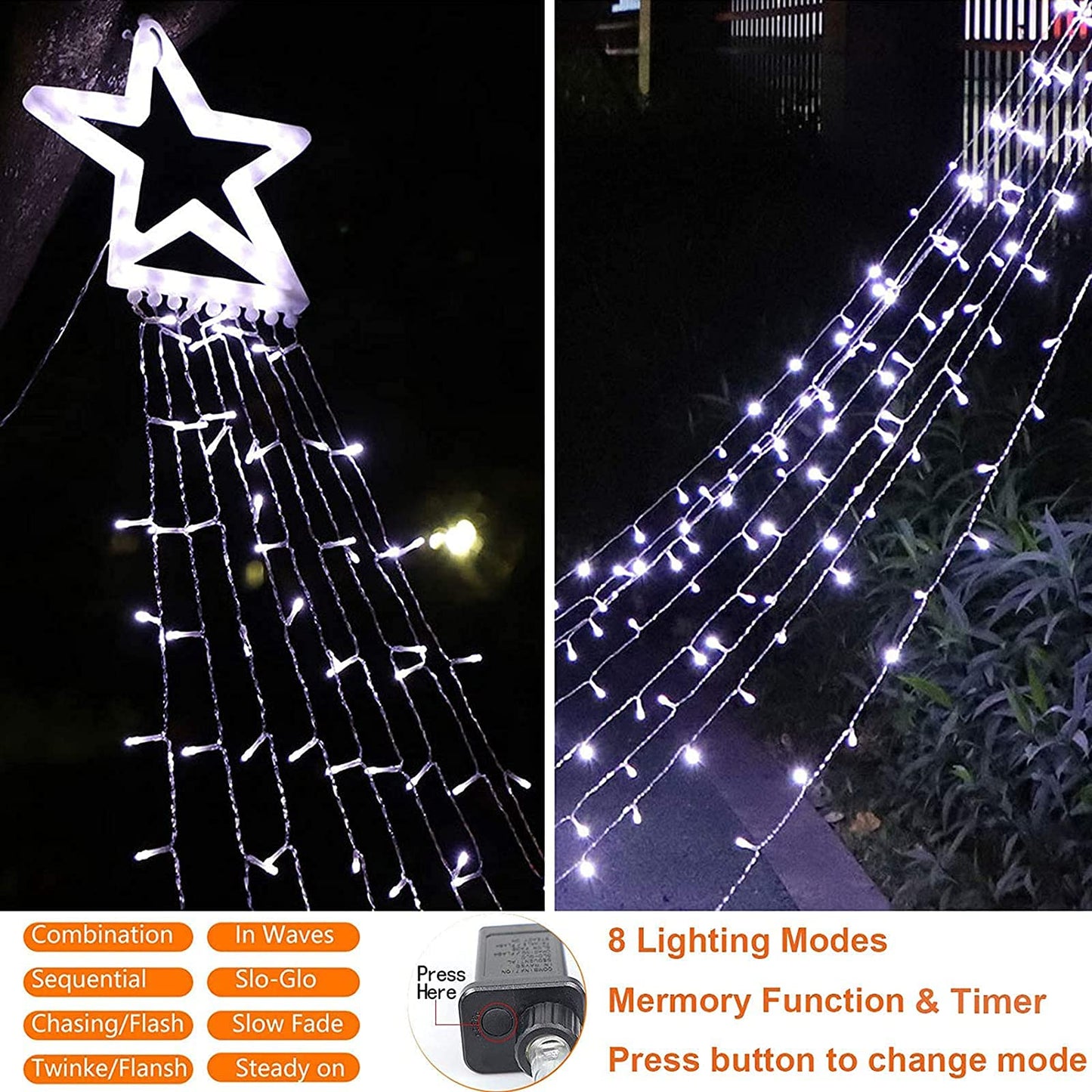 Christmas Decoration Lights, Outdoor Christmas String Lights 320 LED 11.5 Ft Waterfall Tree Light with Big Star Topper 8 Light Modes for Xmas New Year Holiday Garden Yard Indoor Outdoor Decor