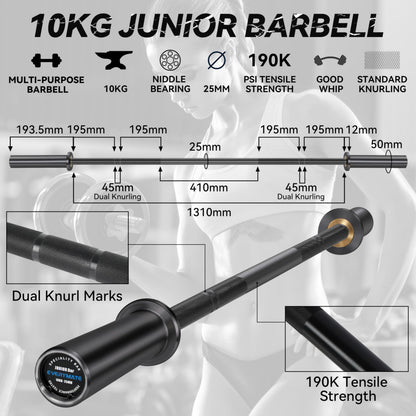 EVERYMATE 10kg Junior Barbell - Alloy Steel Bar for Weightlifting and Powerlifting, Perfect for Junior People and Beginners, 1200lb Capacity, dia25x1670, Strength Training Bar