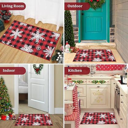 CAROMIO Christmas Doormat 20 x 32 Inch Holiday Xmas Buffalo Plaid Door Mat Winter Christmas Snowflakes Checkered Welcome Mat Outdoor Indoor Non Slip Decorative Entrance Floor Mat for Front Porch