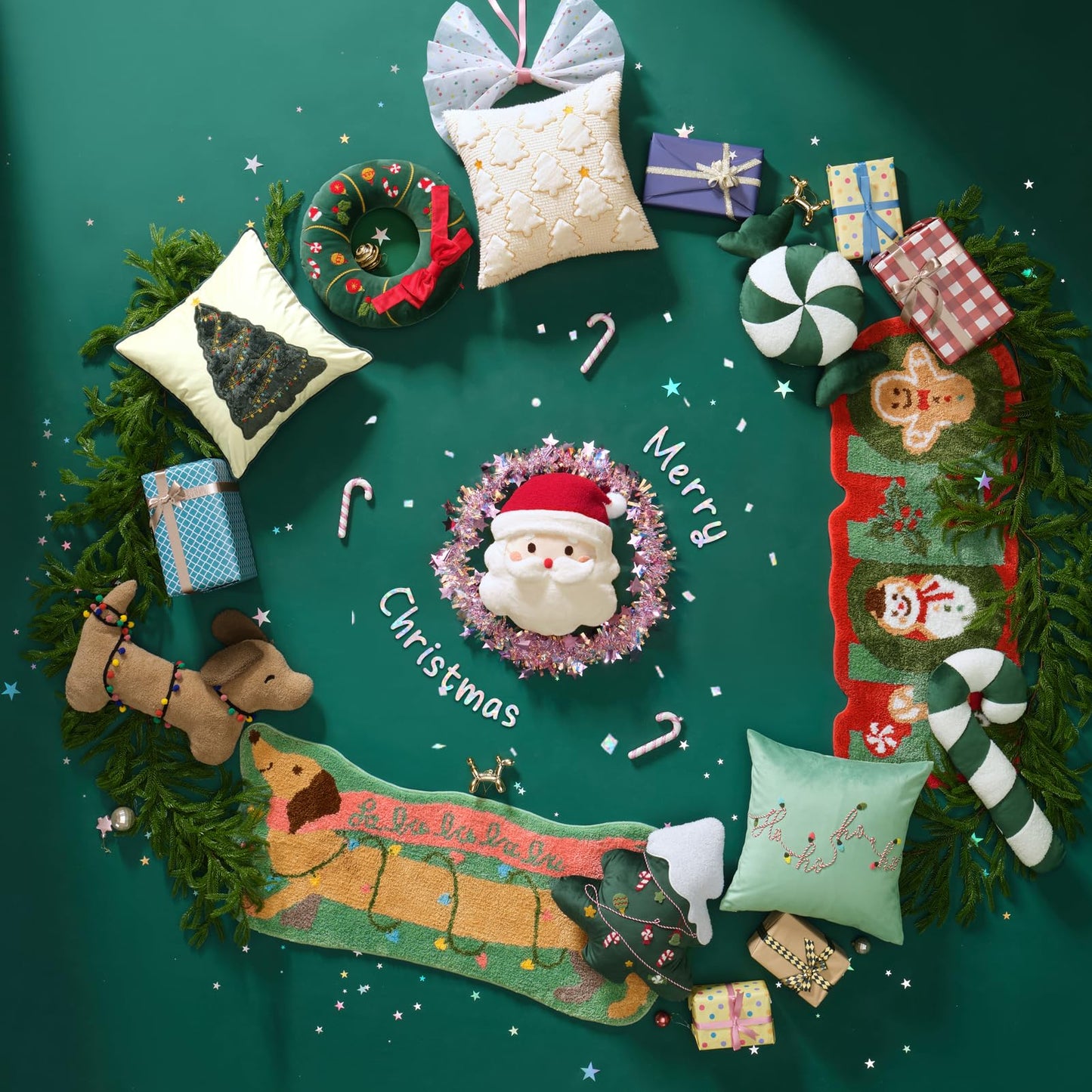 Ashler Merry Christmas Tree Shaped Pillow, Pine Tree Christmas Throw Pillow, White Teddy & Soft Velvet Xmas Decorative with Cute Embroidery, for Couch, Bedroom, Living Room, Green, 19x17 inches