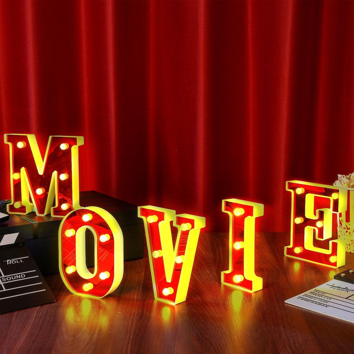 Aurelema Movie Night Decorations 6.3" Movie Light up Letters Sign Decor Battery Powered Marquee Lighted Sign LED Letter Lights for Theme Party Theater Poster Birthday Home Tabletop Wall Decor Supplies