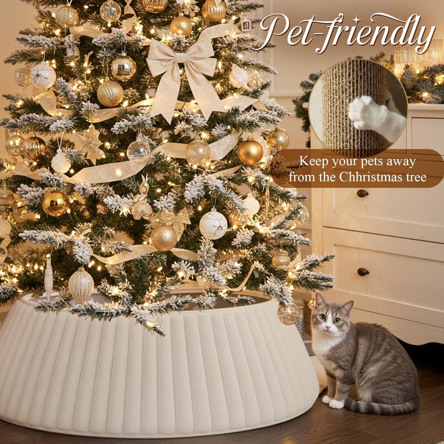 OurWarm White Christmas Tree Collar, Luxury Plush Faux Fur Tree Collar with Stripe Textured Pattern, Soft Fluffy Xmas Tree Ring Boho Tree Skirt for Holiday Decorations Indoor Home Decor