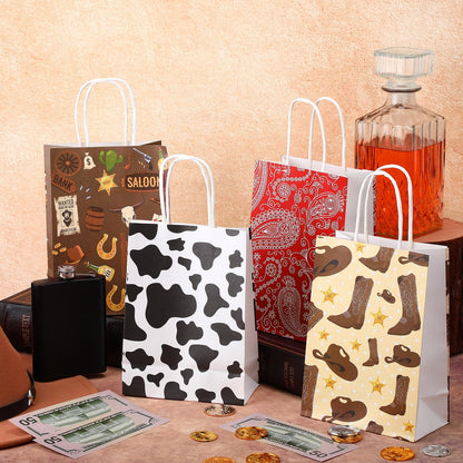 Marspark 24 Pcs Western Cowboy Party Favor Gift Bags Rustic Hat Boots Paisley Goodies Treat Paper Totes with Handle for Birthday Christmas Party, 4 Styles