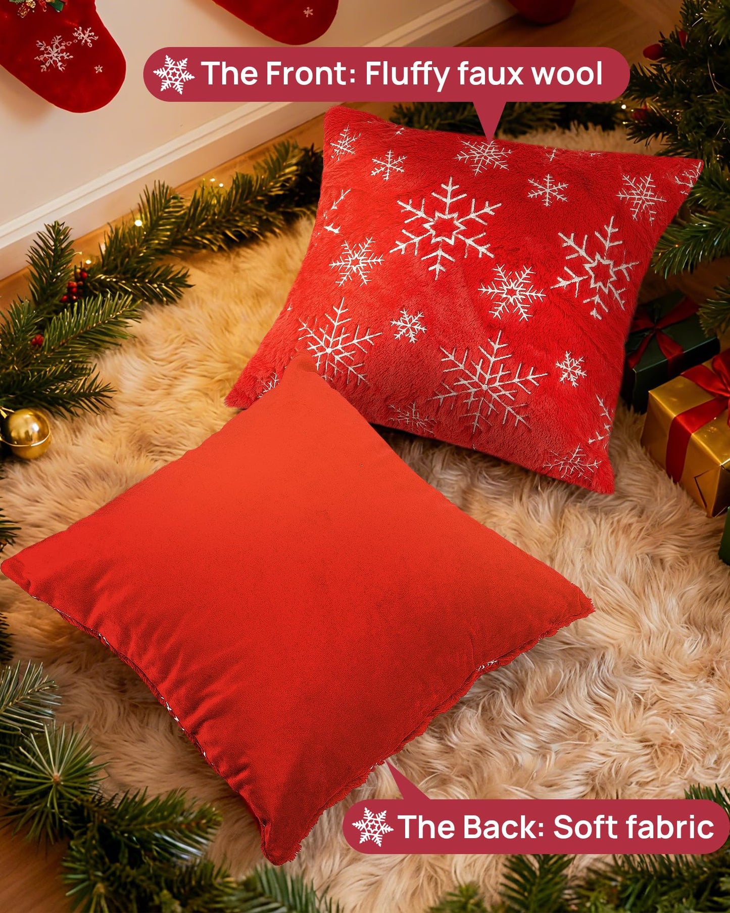 Feagar Christmas Pillow Covers 18x18 2-Pack, Xmas Decorations Soft Plush Faux Fur Wool Snowflake Throw Pillow Cases Holiday Festivals Winter Home Decor for Sofa Bedroom Living Room
