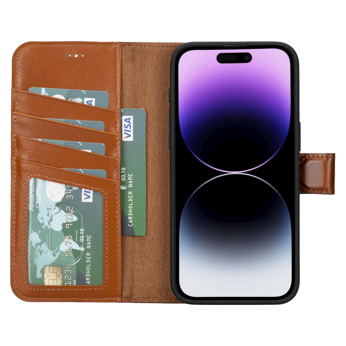 VENOULT Detachable Wallet Case for iPhone 15 Pro MAX, 4 Card Holder Wallet, Man or Women Folio Cover, Compatible with Magsafe, RFID, Genuine Leather, Kick Stand (Chestnut Brown)