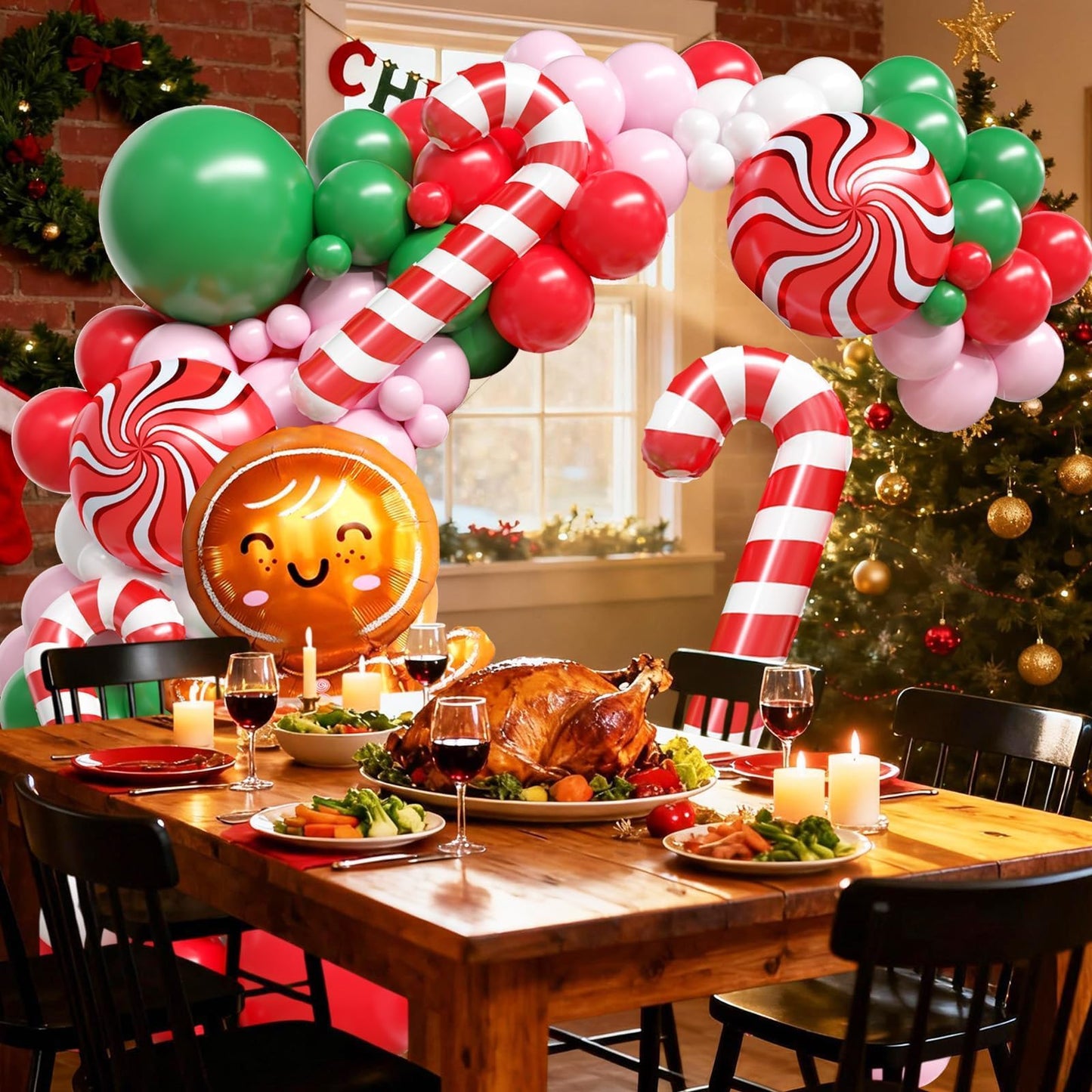 Christmas Balloon Arch Kit, Gingerbread Man Balloon Garland with Green Pink Red Balloons Candy Cane Foil balloons for Christmas Party Decorations New Year Xmas Party Supplies