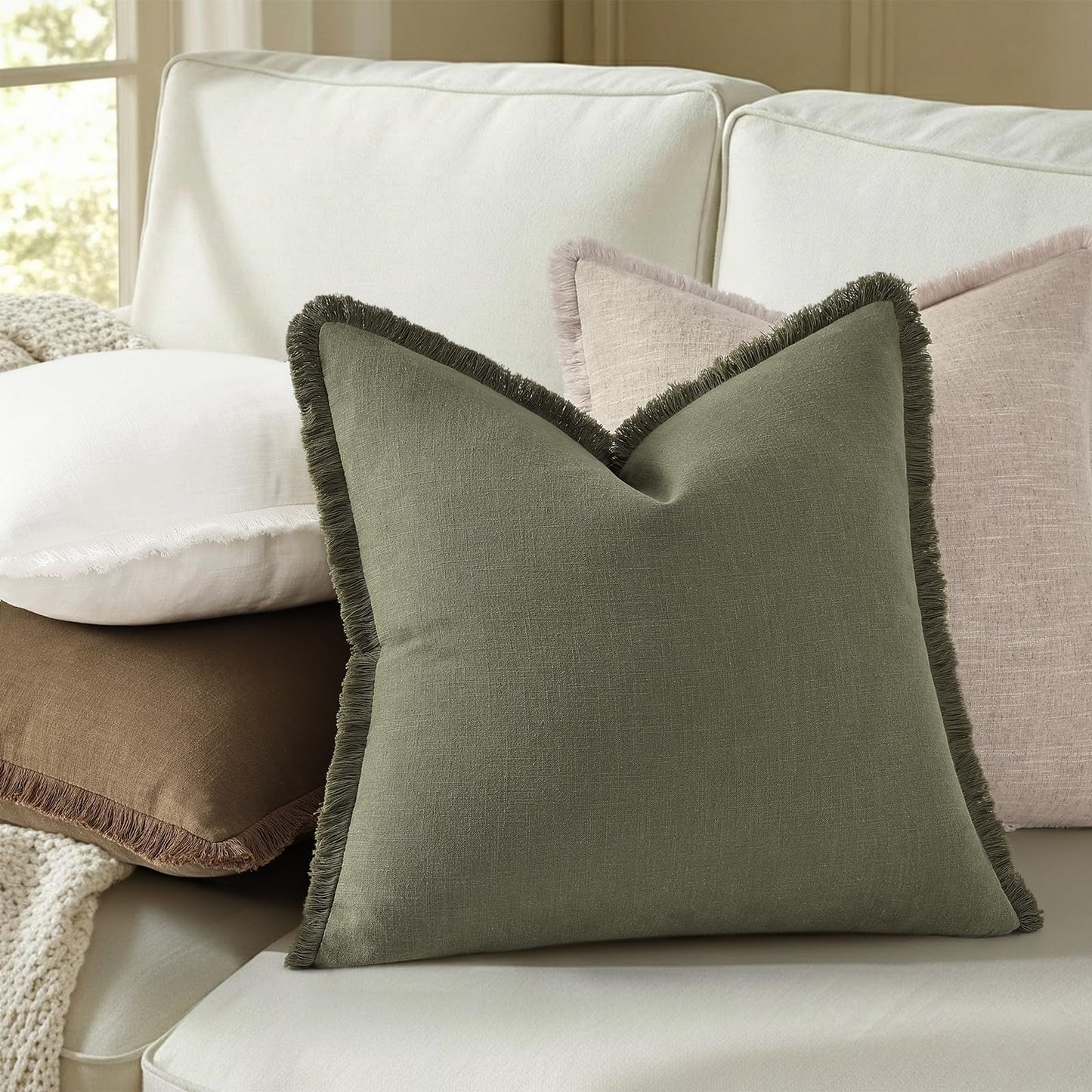 decorUhome Summer Decorative Neutral Linen Fringe Throw Pillow Covers Set of 2 Olive Green Pillow Covers with Tassels Soft Farmhouse Boho Accent Pillow Cases for Couch Bed Sofa 18x18 Inch