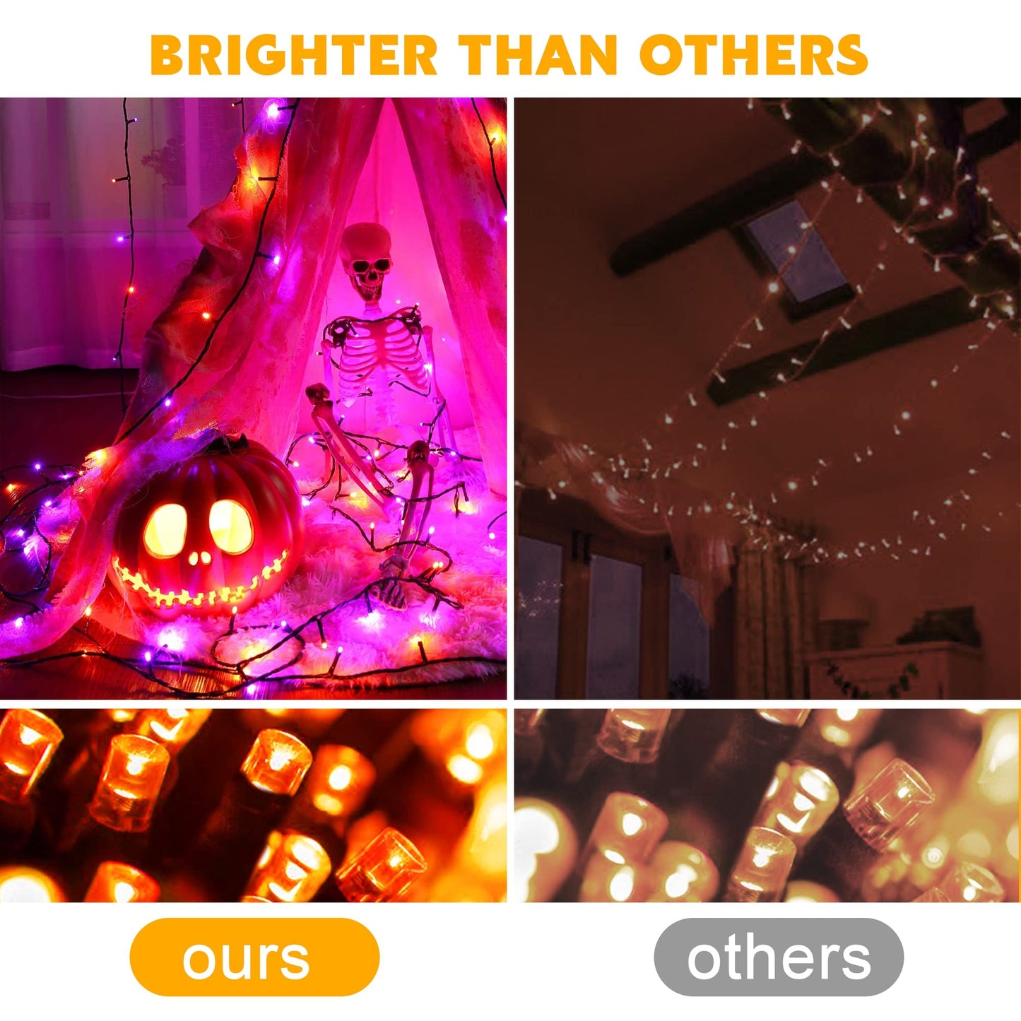Weillsnow Orange Halloween Lights, 66FT Plug-in Waterproof String Lights, 8 Modes with Memory for Indoor/Outdoor Garden Decorations