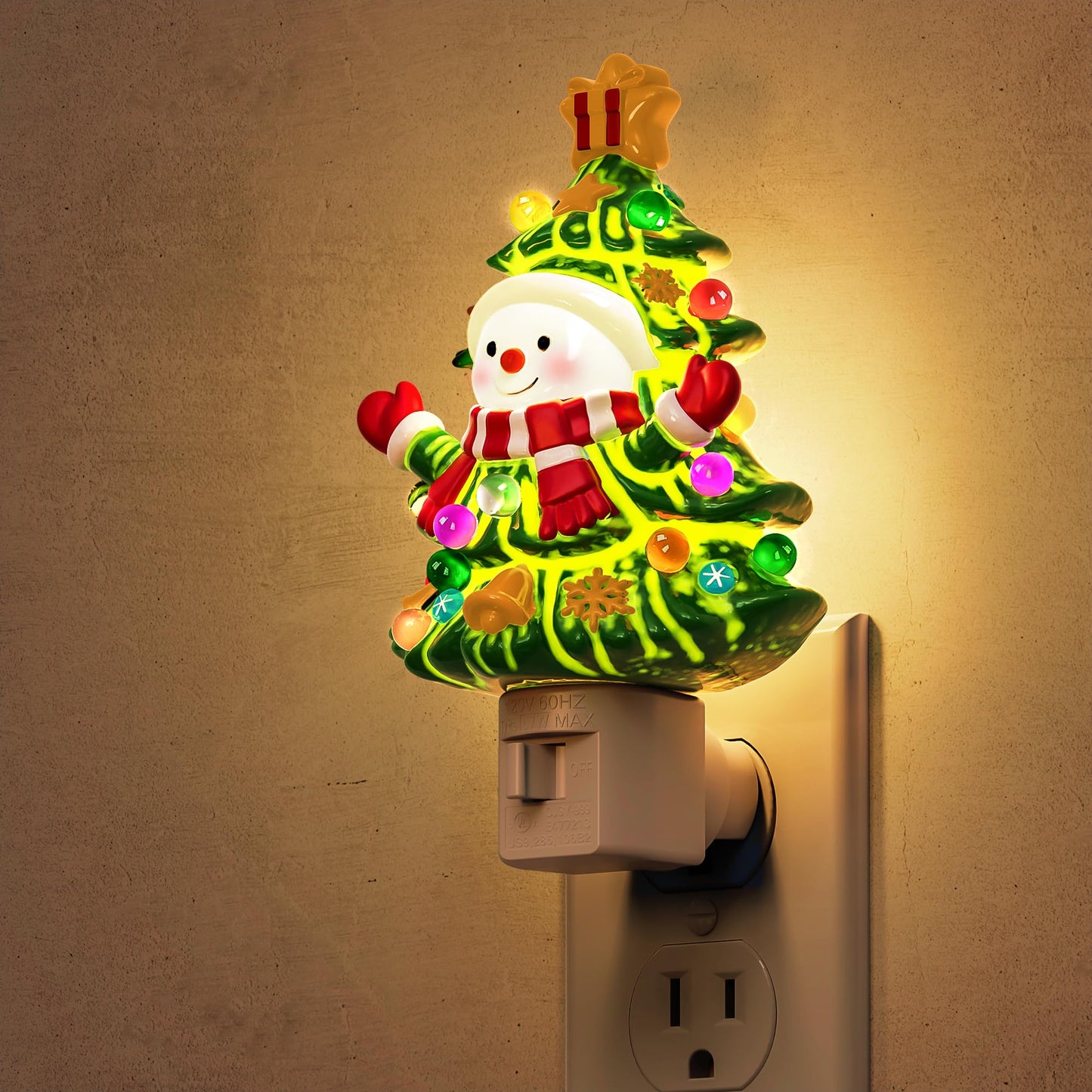 L LOHAS LED Christmas Tree & Snowman Night Light, 3000K Warm White Plug-In Night Light, Cute Resin Holiday Decor with 360° Rotatable Plug for Kids Room, Party & Home, 1 Pack