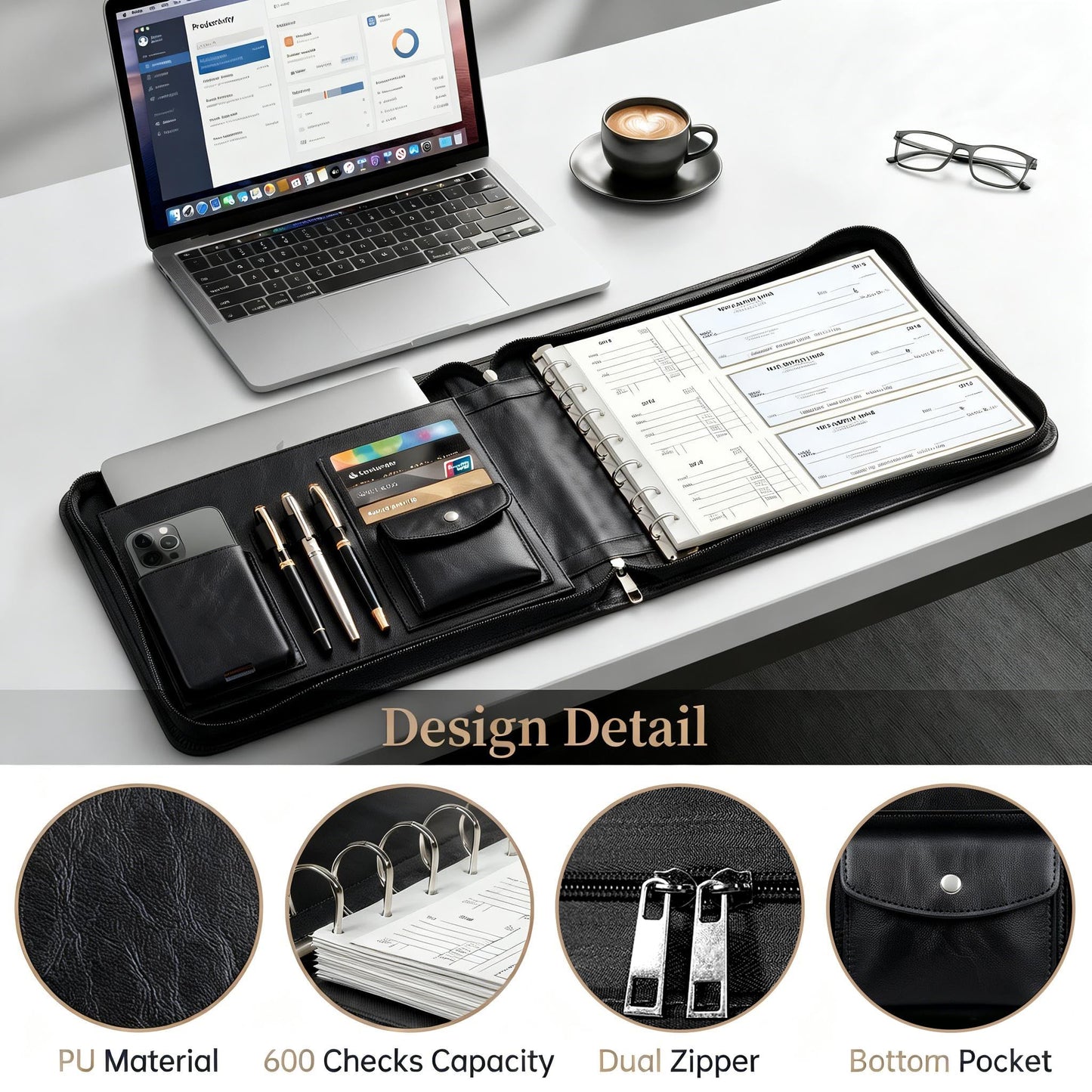 Toplive Zippered 7 Ring Business Checkbook Binder Extra-Large, 2Pack 7-Hole Pouch, 600 Checks Capacity, PU Leather Check Book Binder Cover with Multi-Pocket Design for Office & Business Use, Black