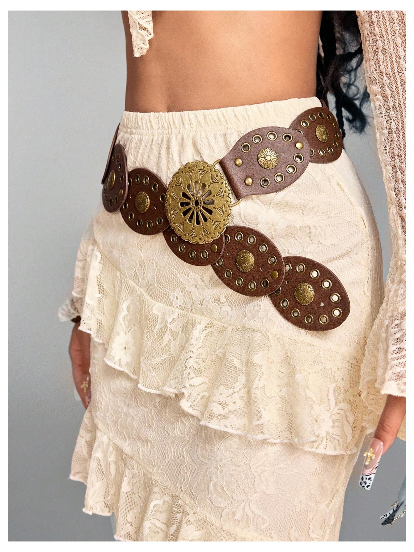 Verdusa Women's Grommet Eyelet Wide Belt PU Leather Vintage Western Cowgirl Waist Belts Brown Suit Waist Size:33.5-37.4