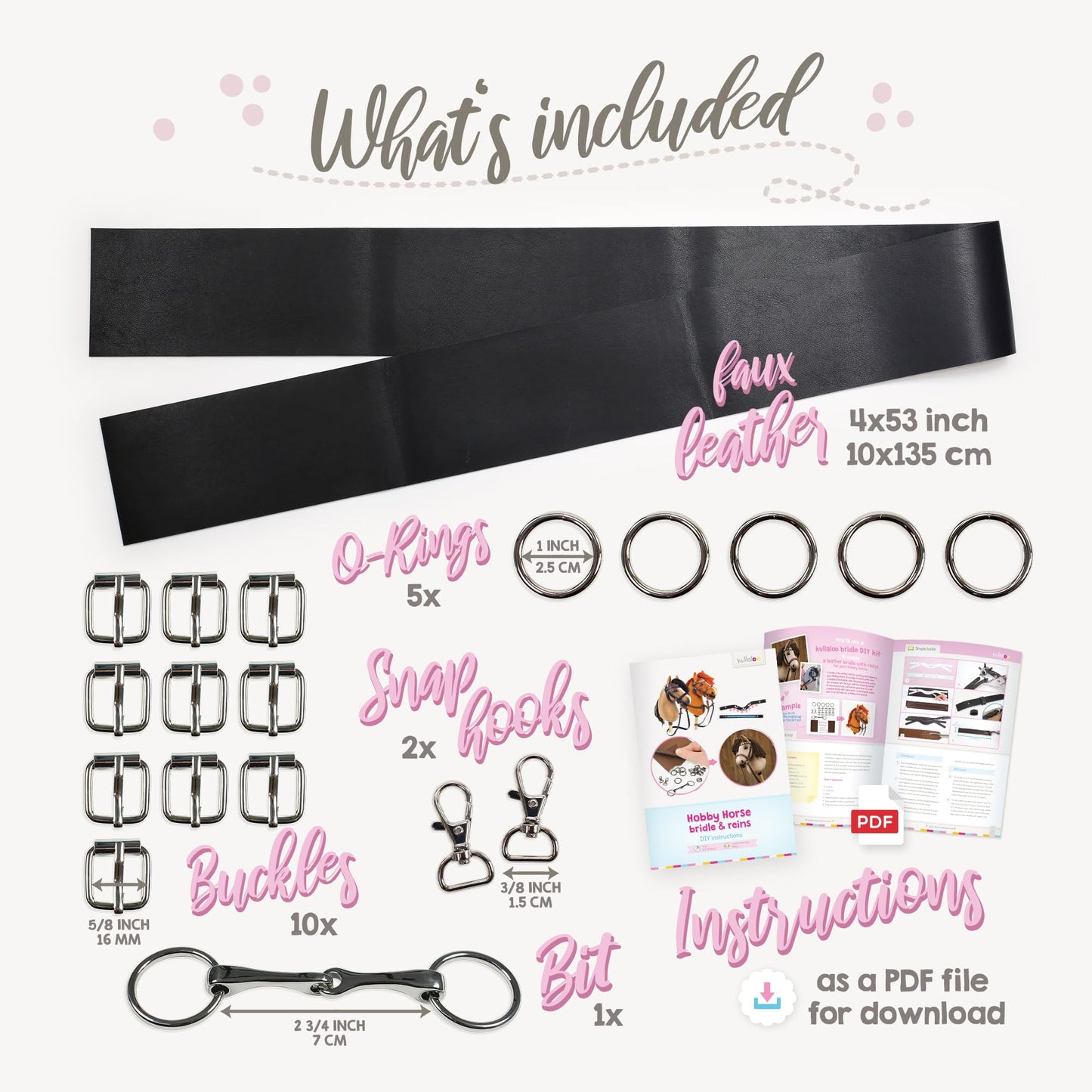 kullaloo DIY Hobby Horse Bridle Kit ✦ Make a Beautiful Leather Bridle with Reins for Your Stick Horse ✦ Includes Digital Instructions (PDF) ✦ Black/Silver