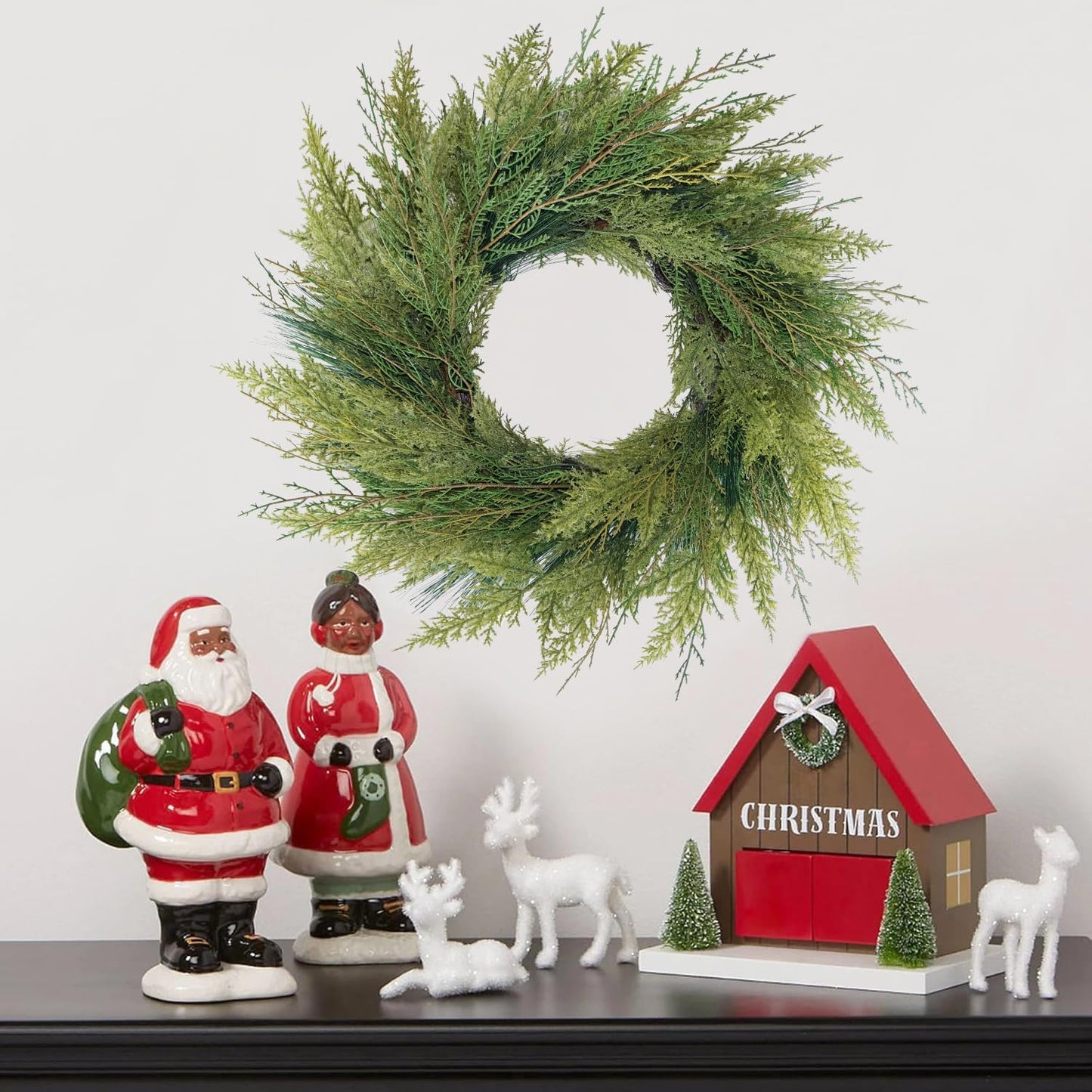 BINFEN 20” Green Faux Norfolk Pine Christmas Winter Wreath – Mixed with Real Touch Fake Cypress, Cedar & Spruce, Xmas Wreaths for Front Door Porch Mantel & Fireplace