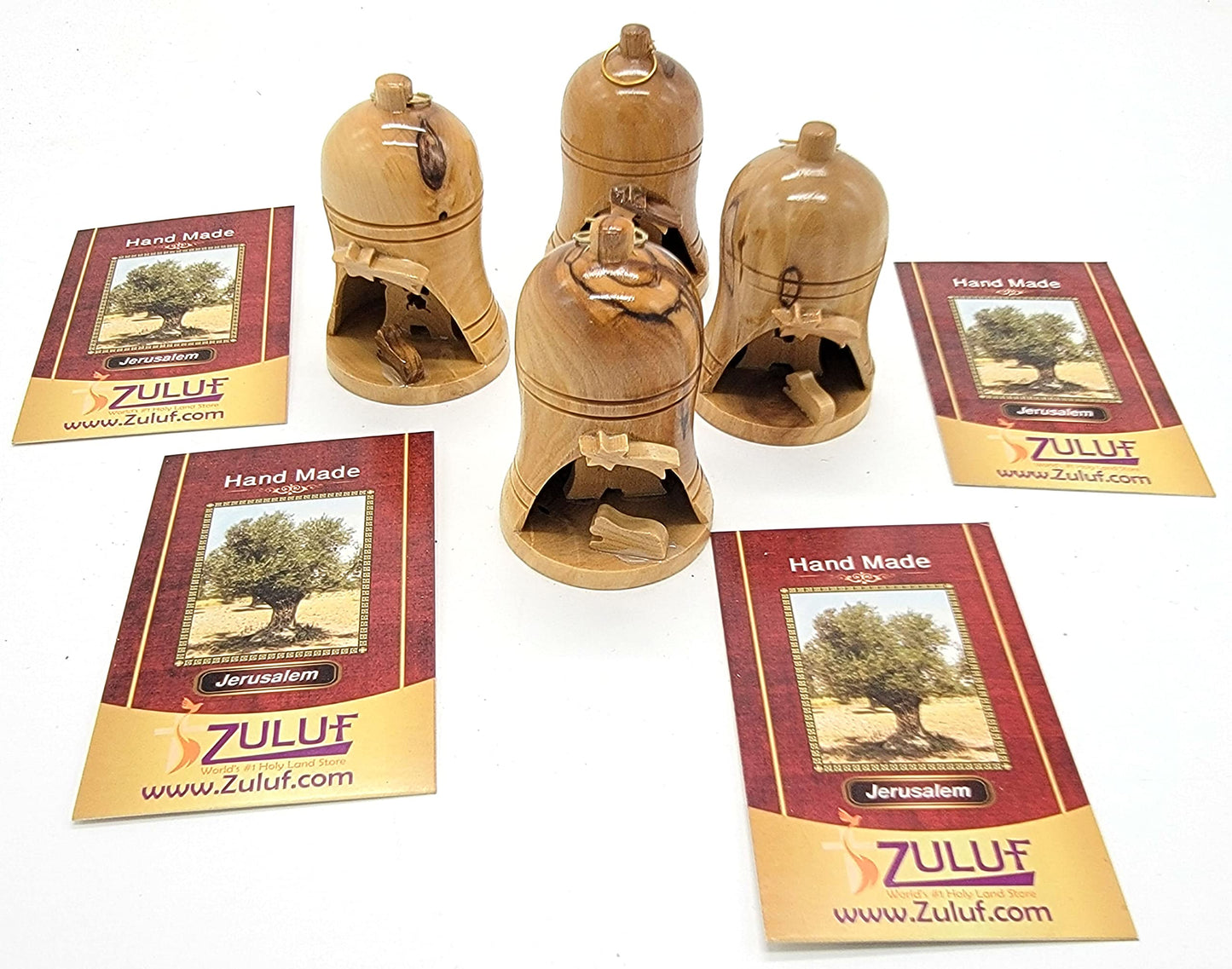 Zuluf Bulk Olive Wood Bell Christmas Ornaments from Bethlehem - Religious Nativity, Catholic Chrismons for Christmas Tree, Holy Land Israel Souvenirs, Christian Decorations Set of 4