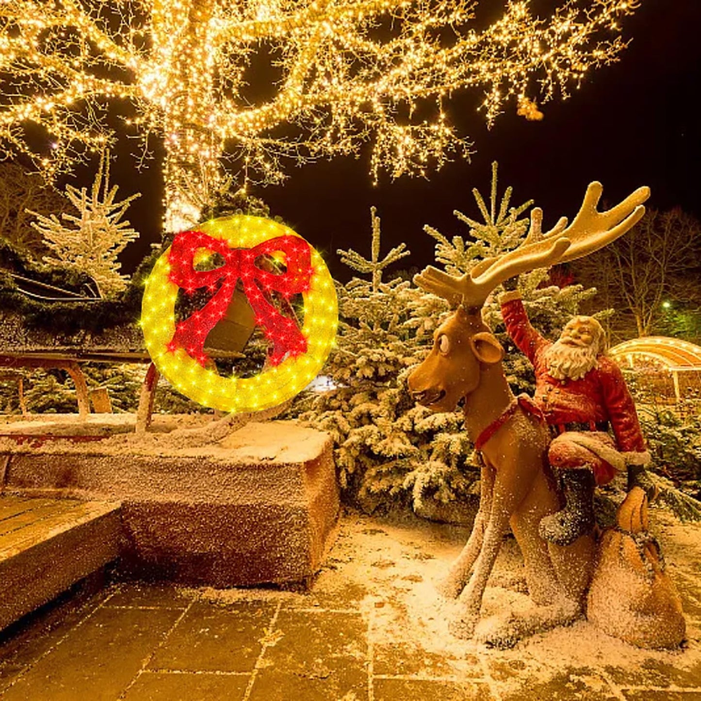 Outdoor Christmas Wreath Decoration - 36" Bright LED Christmas Wreath Lights with Bow, Large Lighted Christmas Wreaths Window Lights for Wall, Windows, Front Door Decor, Red Bow - Gold Wreath