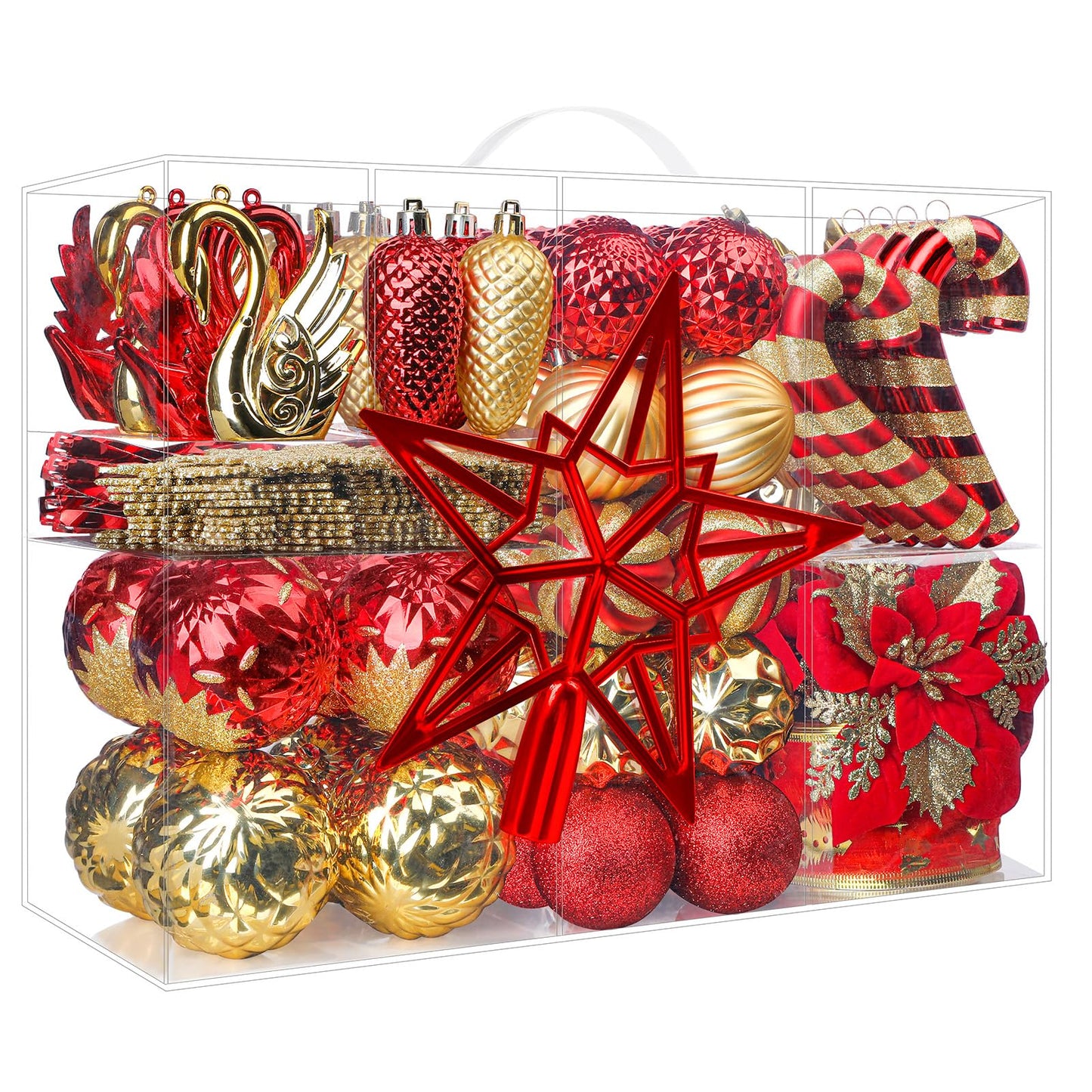 Alupssuc 128pcs Christmas Balls Ornaments Set, Shatterproof Plastic Baubles Christmas Flowers and Tree Topper for Xmas Tree Holiday Wedding Party Decorations with Hanging Strings, Red and Gold