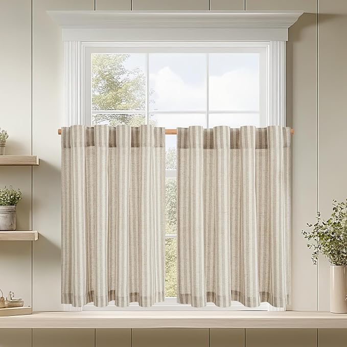 jinchan Striped Linen Kitchen Curtains 54 Inches Short Curtains Farmhouse Modern Cafe Style Window Treatments Airy Light Filtering Rod Pocket for Living Room Bathroom 2 Panels Taupe Grey