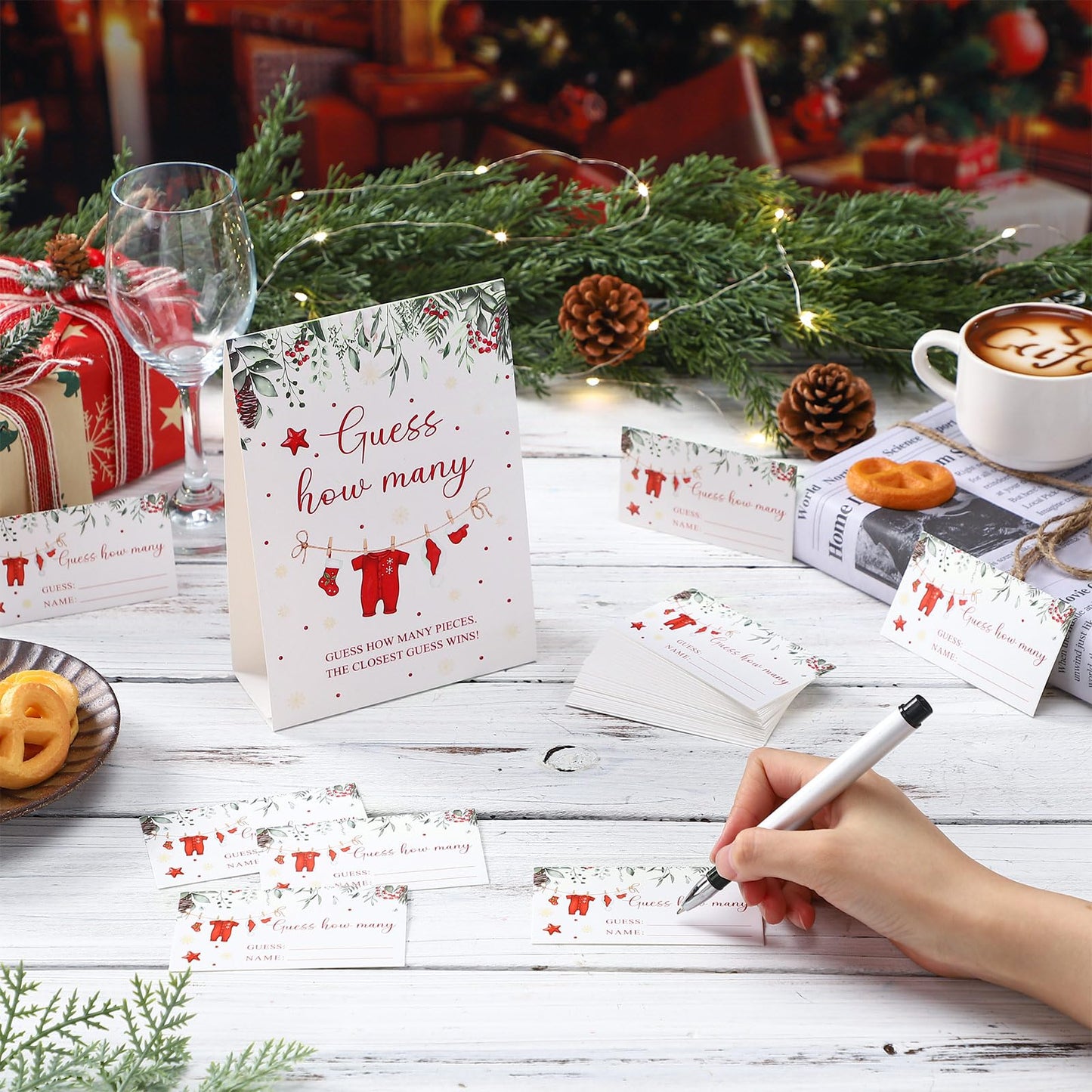 Lerheedi Christmas Guess How Many Baby Shower Game Pack of 1 Tabletop Sign with Stand and 50 How Many Cards, Christmas Gender Reveal Party Game Decorations(Santa)