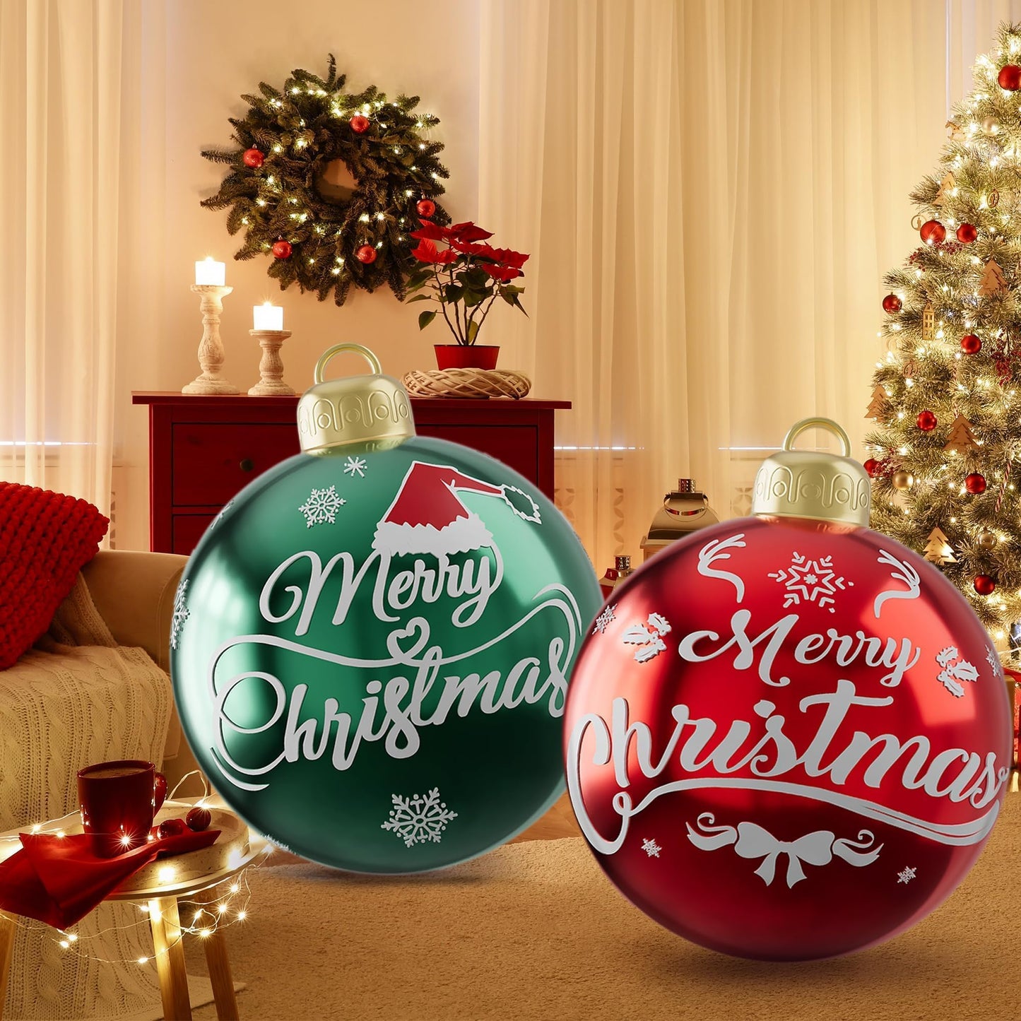 2PCS 24 Inch Inflatable Christmas Balls, PVC Large Inflatable Christmas Ornaments Blow up Ornament Ball, Blow up Ornament Xmas Decorations for Outside Holiday Yard Lawn Decor(Red Green Merrychristmas