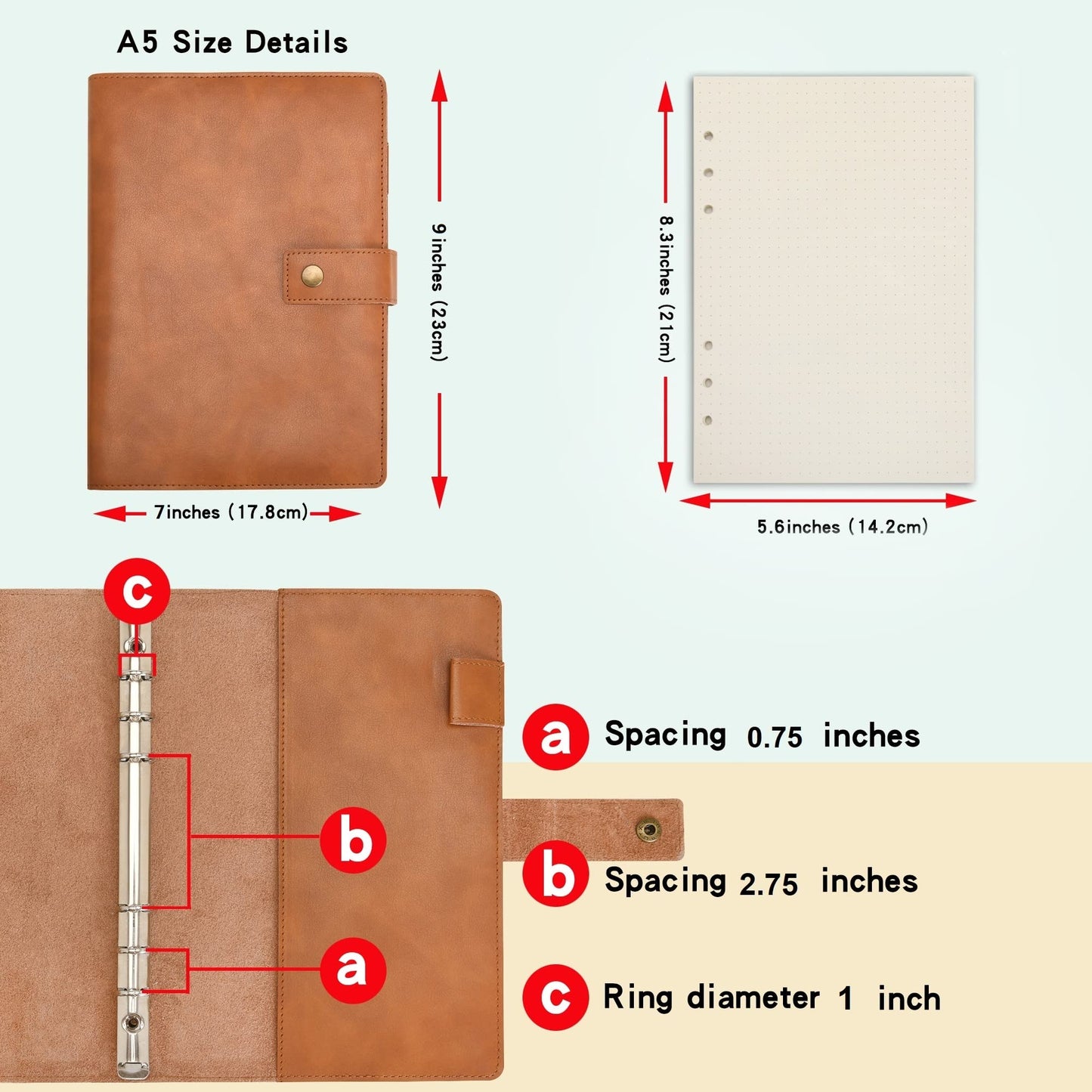 WONDERPOOL Leather Journal Refillable Notebook Spiral Diary Binder Portfolio - A5 Dotted Paper & Inner Pockets for Travel Work and Personal Organizer (Brown, A5)