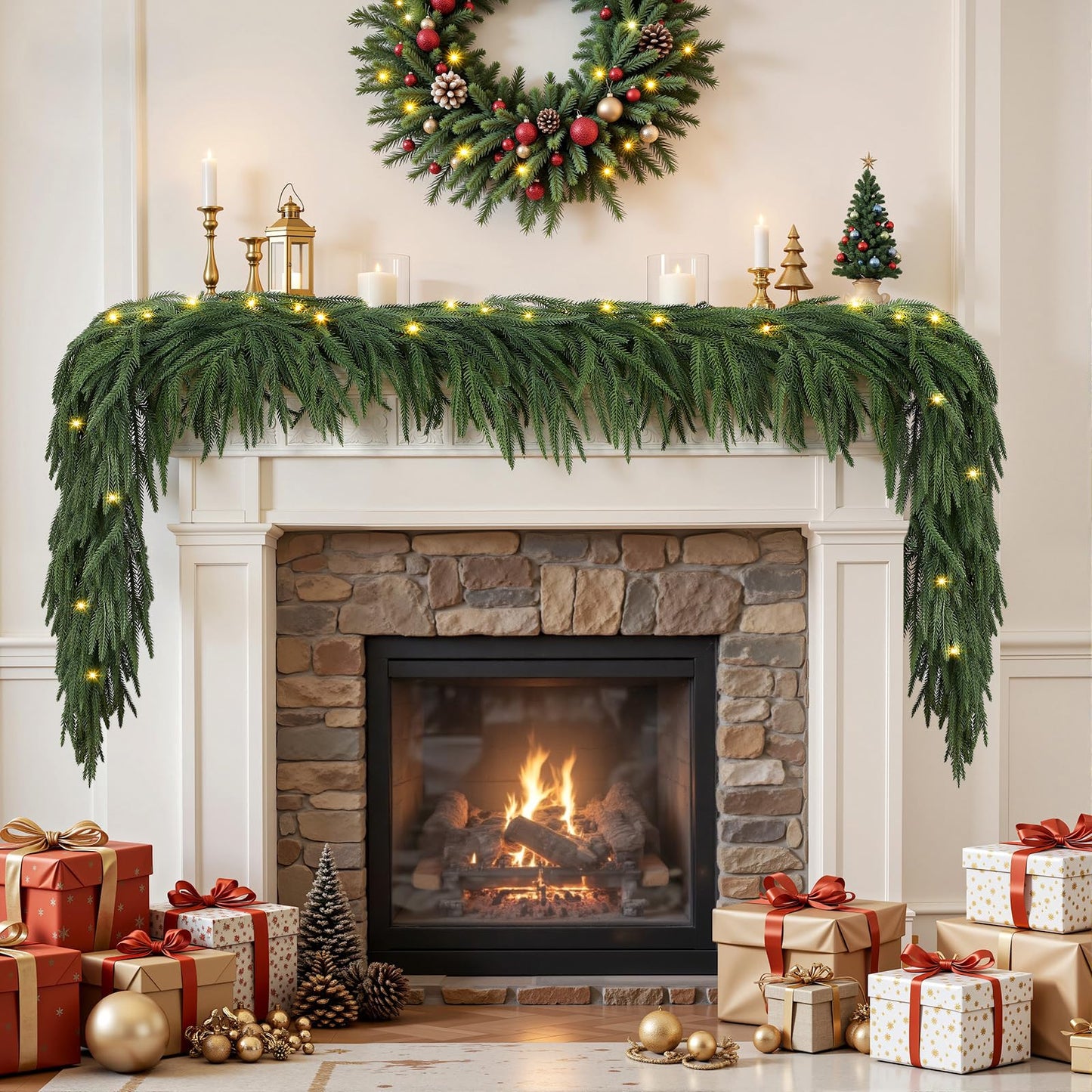 9ft Artificial Christmas Garland with Lights, Real Touch Norfolk Pine Garland - Pine Garlands, Prelit Green Christmas Garland for Mantle, Table, Fireplace, Indoor, Outdoor Christmas Decorations
