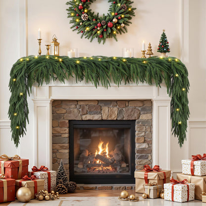 9ft Artificial Christmas Garland with Lights, Real Touch Norfolk Pine Garland - Pine Garlands, Prelit Green Christmas Garland for Mantle, Table, Fireplace, Indoor, Outdoor Christmas Decorations