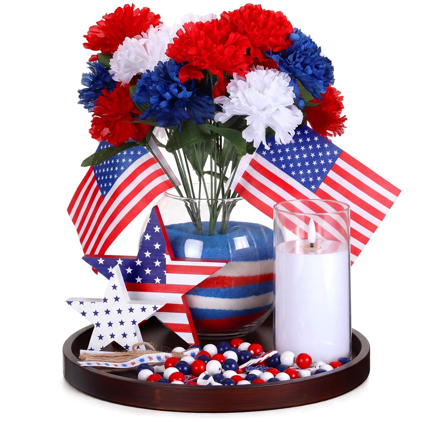 4th of July Decorations Centerpiece Table Decor, 250th Anniversary Patriotic Red White Blue Flowers with Mini Flags, Wooden Stars, Tray, LED Candle Bead Garland for Independence Day Party Home Decor